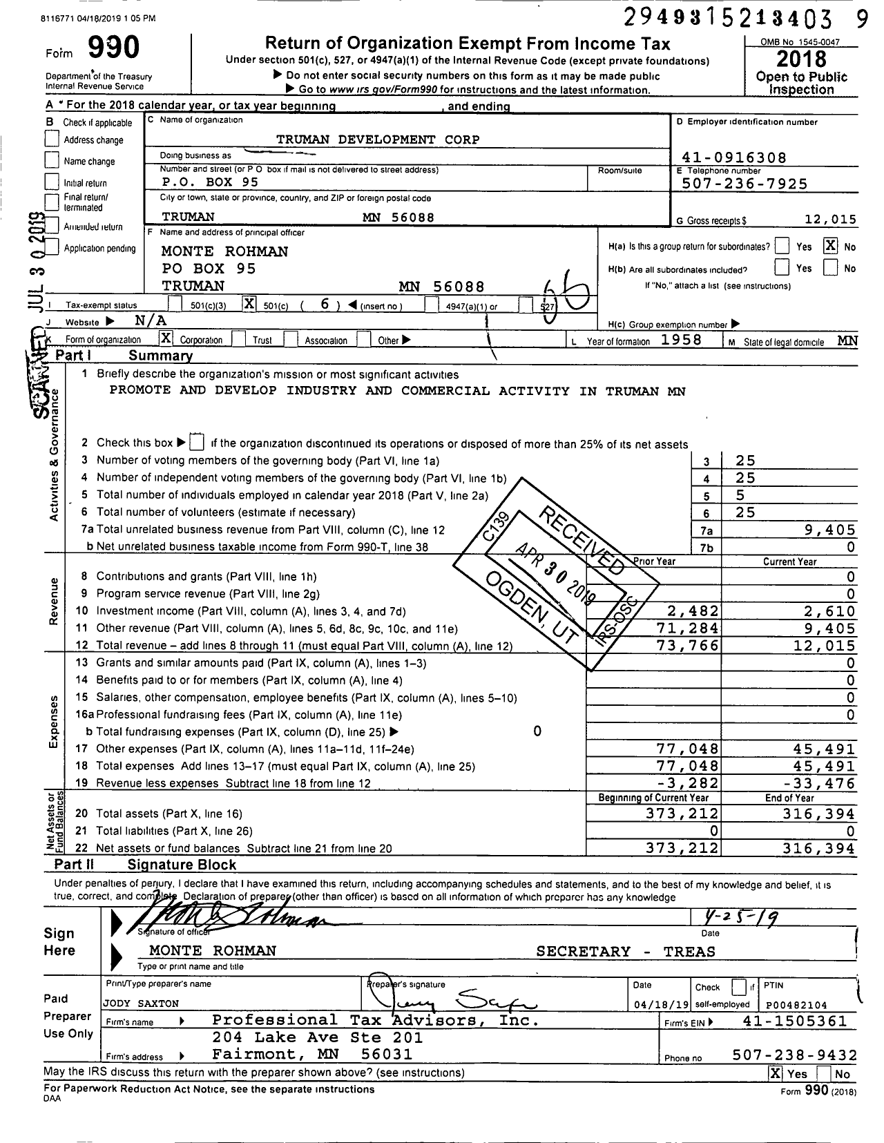 Image of first page of 2018 Form 990O for Truman Development Corporation