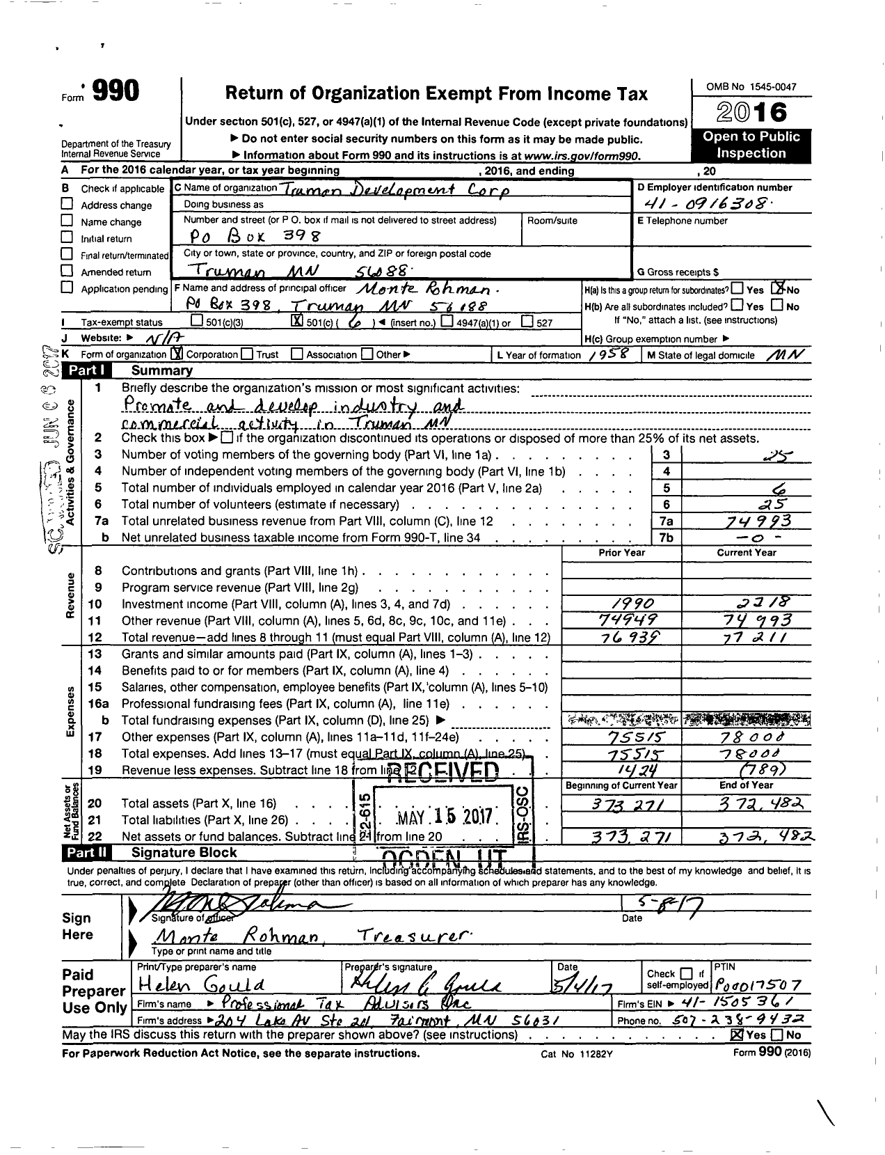 Image of first page of 2016 Form 990O for Truman Development Corporation