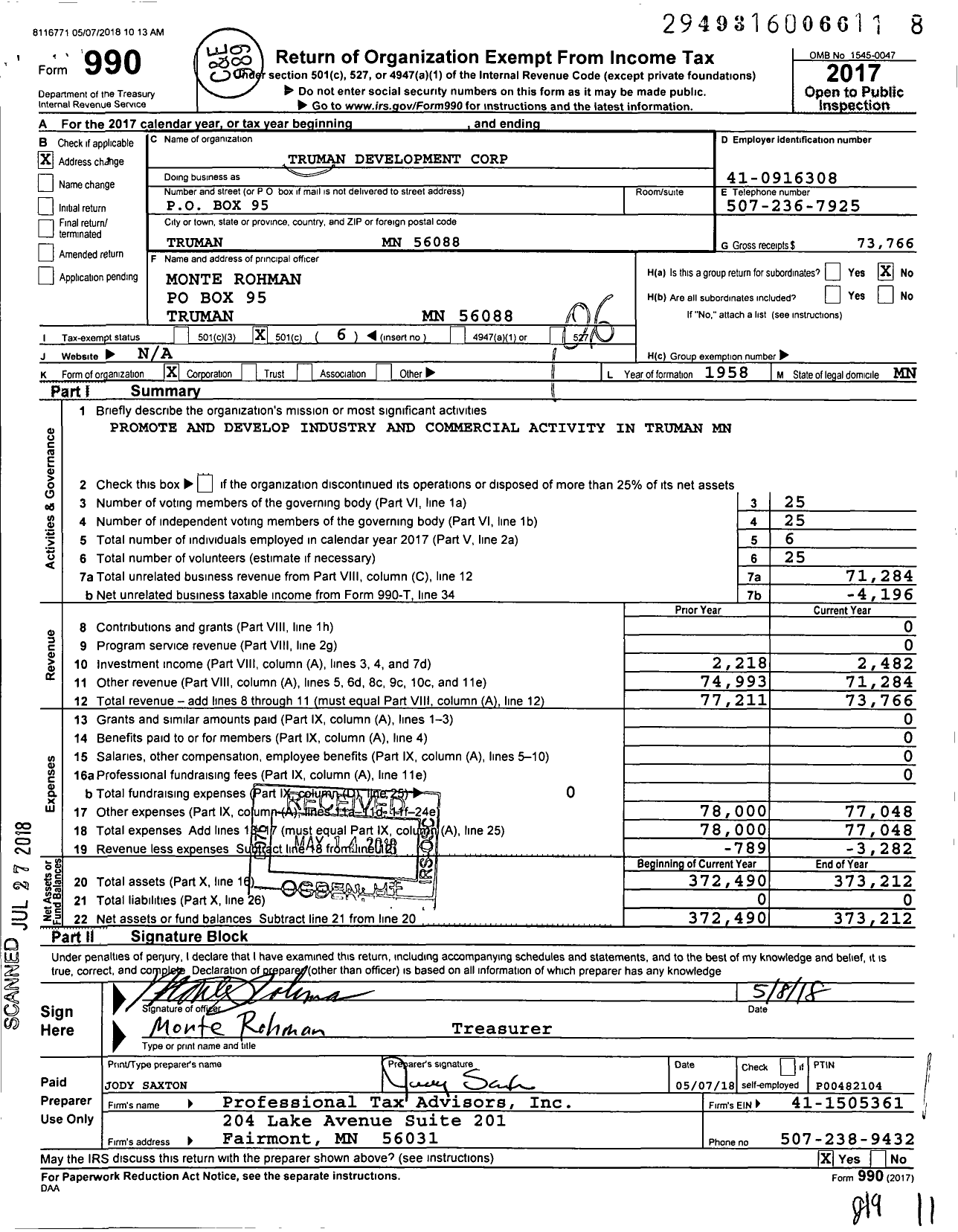 Image of first page of 2017 Form 990O for Truman Development Corporation