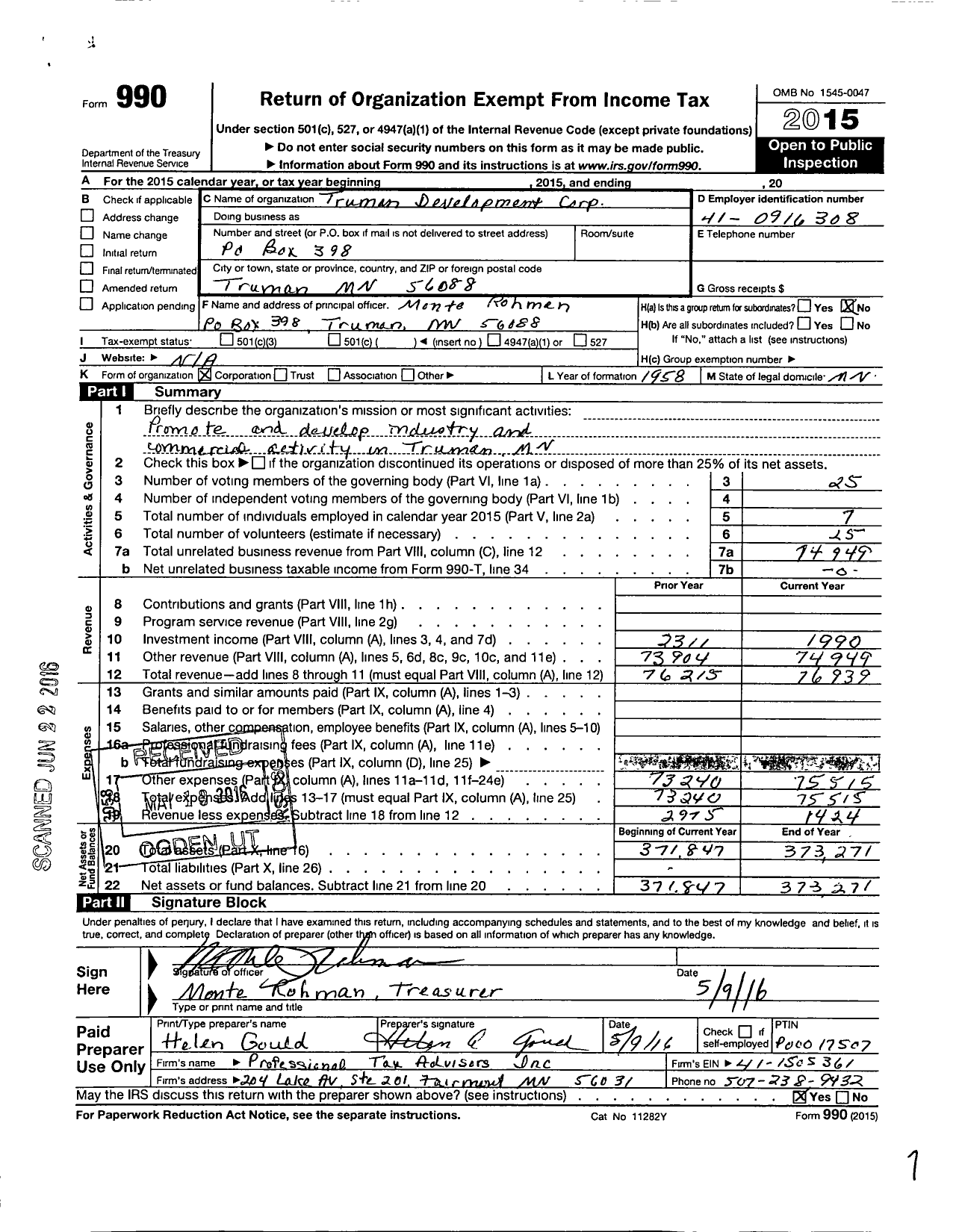 Image of first page of 2015 Form 990O for Truman Development Corporation
