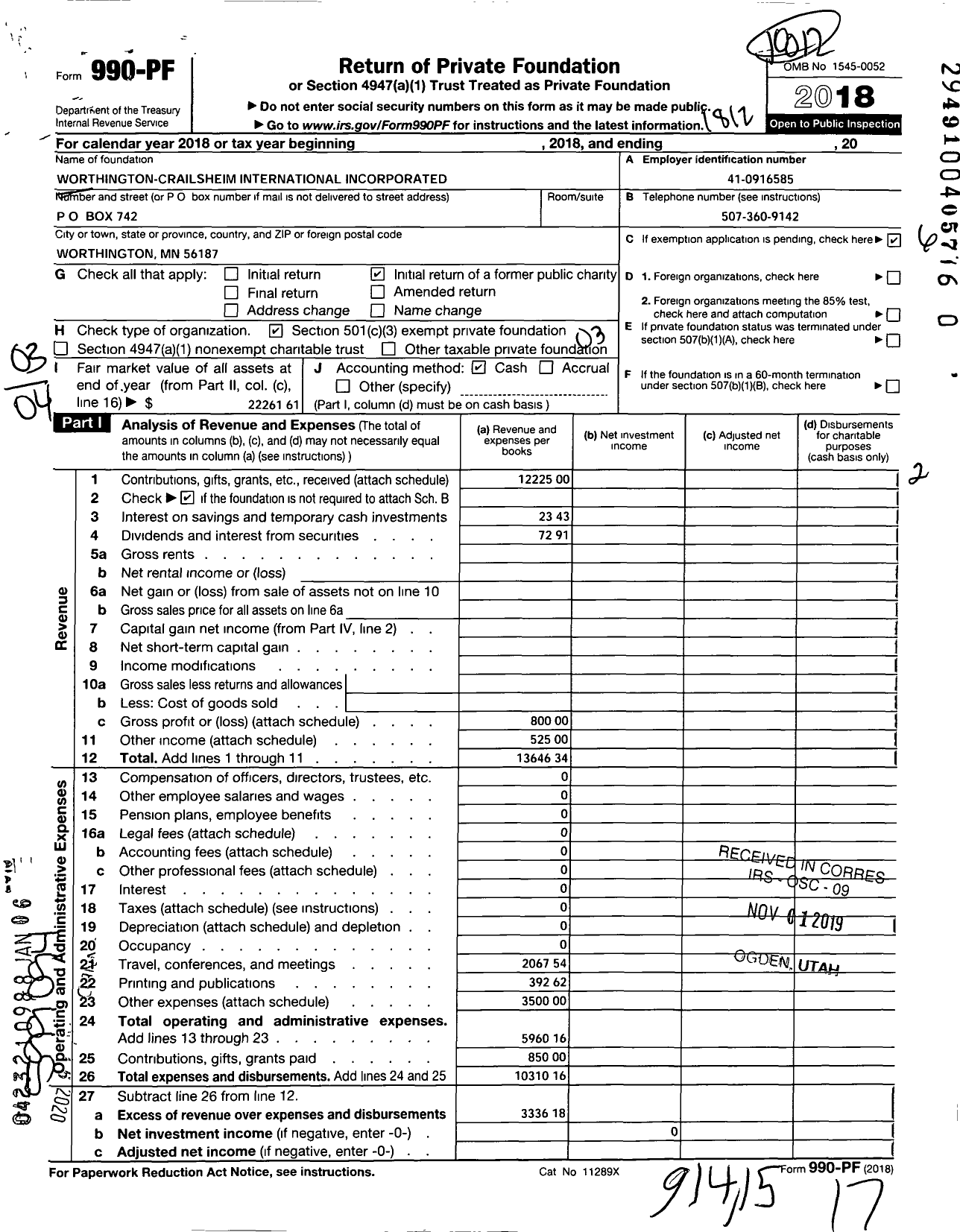 Image of first page of 2018 Form 990PR for Worthington-Crailsheim International