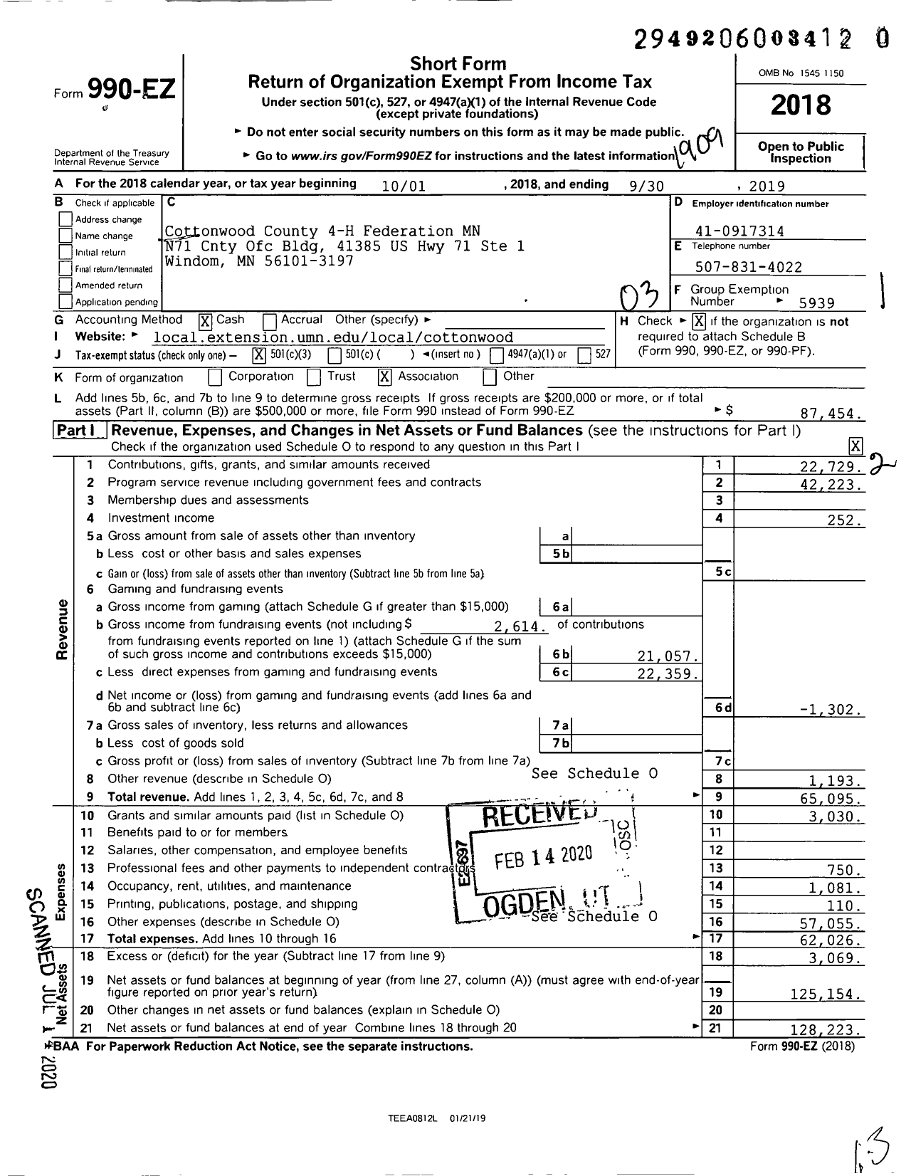 Image of first page of 2018 Form 990EZ for Cottonwood County 4-H Federation MN