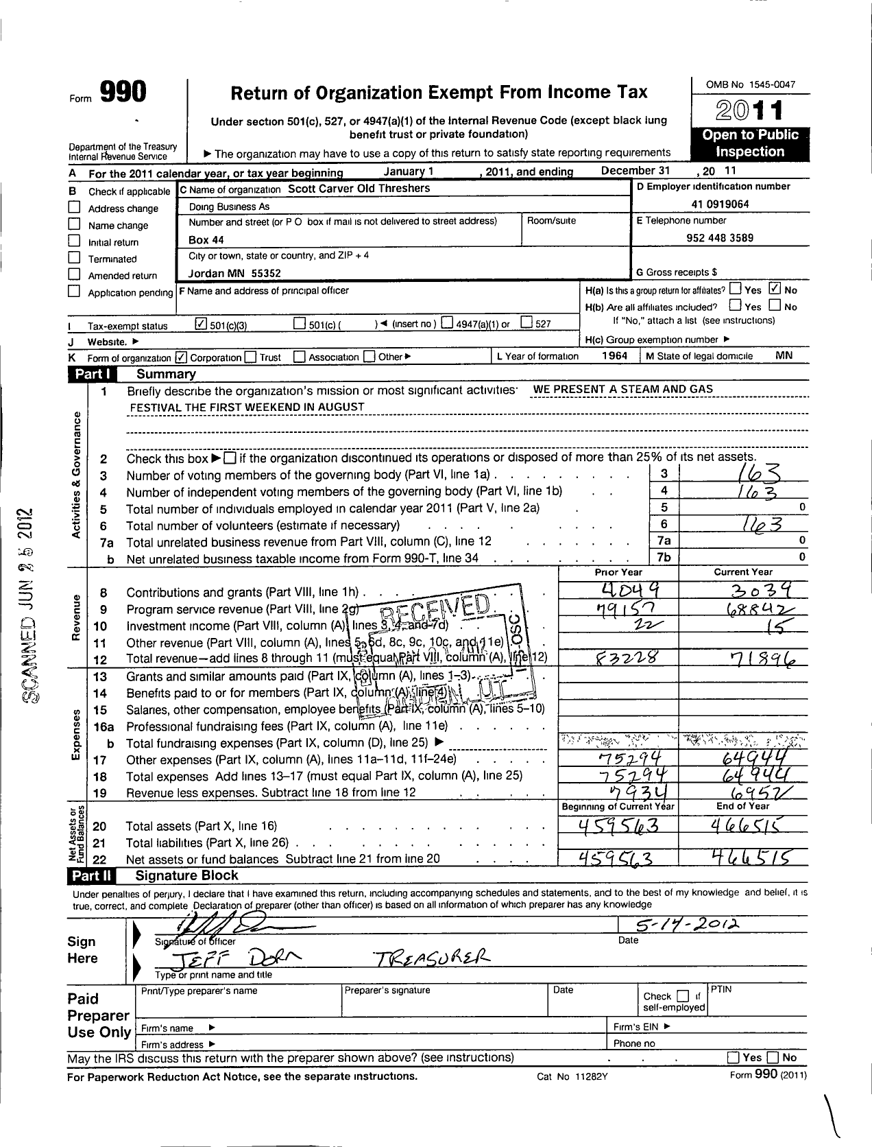 Image of first page of 2011 Form 990 for Scott-Carver Old Threshers Association