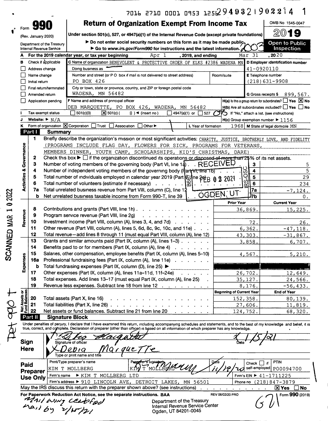 Image of first page of 2019 Form 990O for Benevolent and Protective Order of Elks - 2386 Wadena