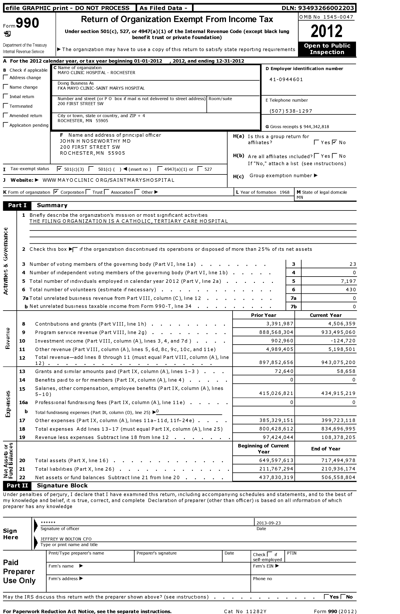 Image of first page of 2012 Form 990 for Mayo Clinic Hospital-Rochester