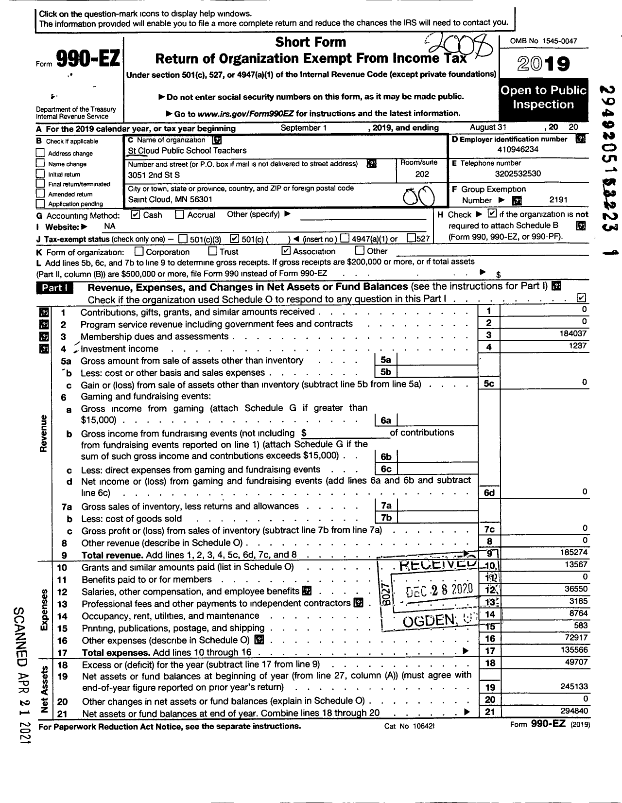 Image of first page of 2019 Form 990EO for St Cloud Public School Teachers Association