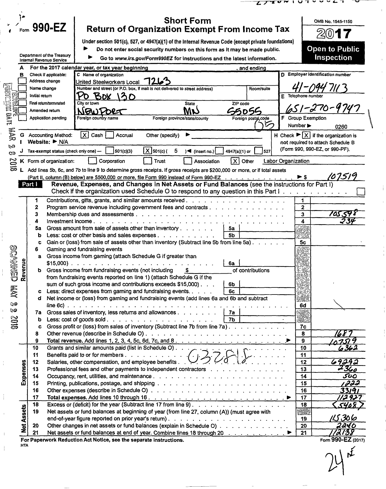 Image of first page of 2017 Form 990EO for United Steelworkers - 07263 Local