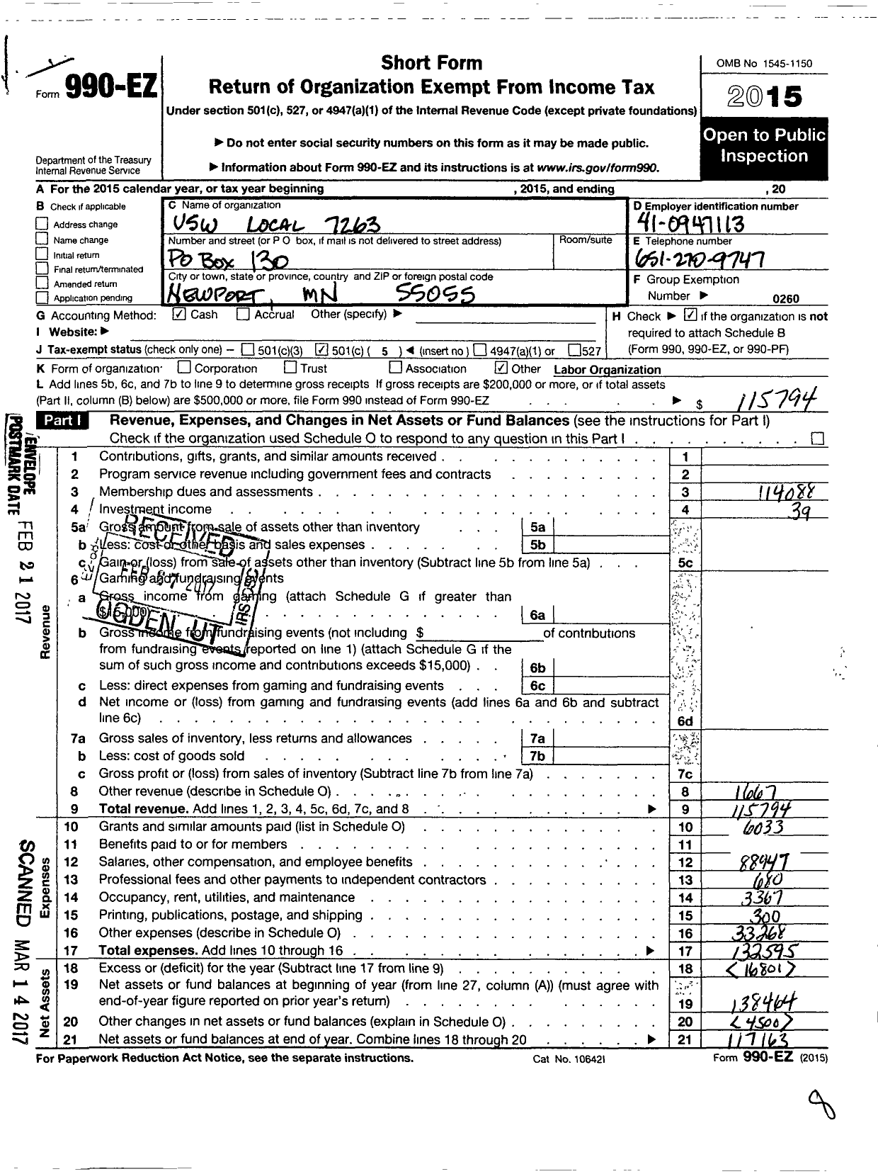 Image of first page of 2015 Form 990EO for United Steelworkers - 07263 Local