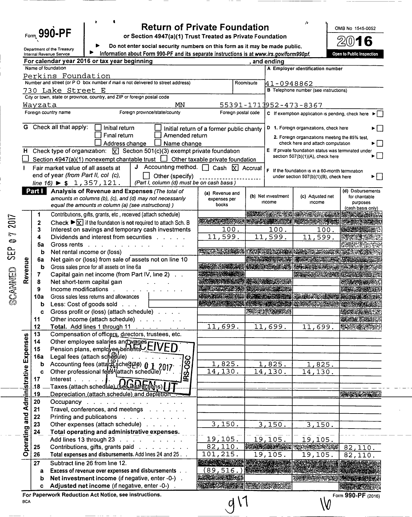 Image of first page of 2016 Form 990PF for Perkins Foundation