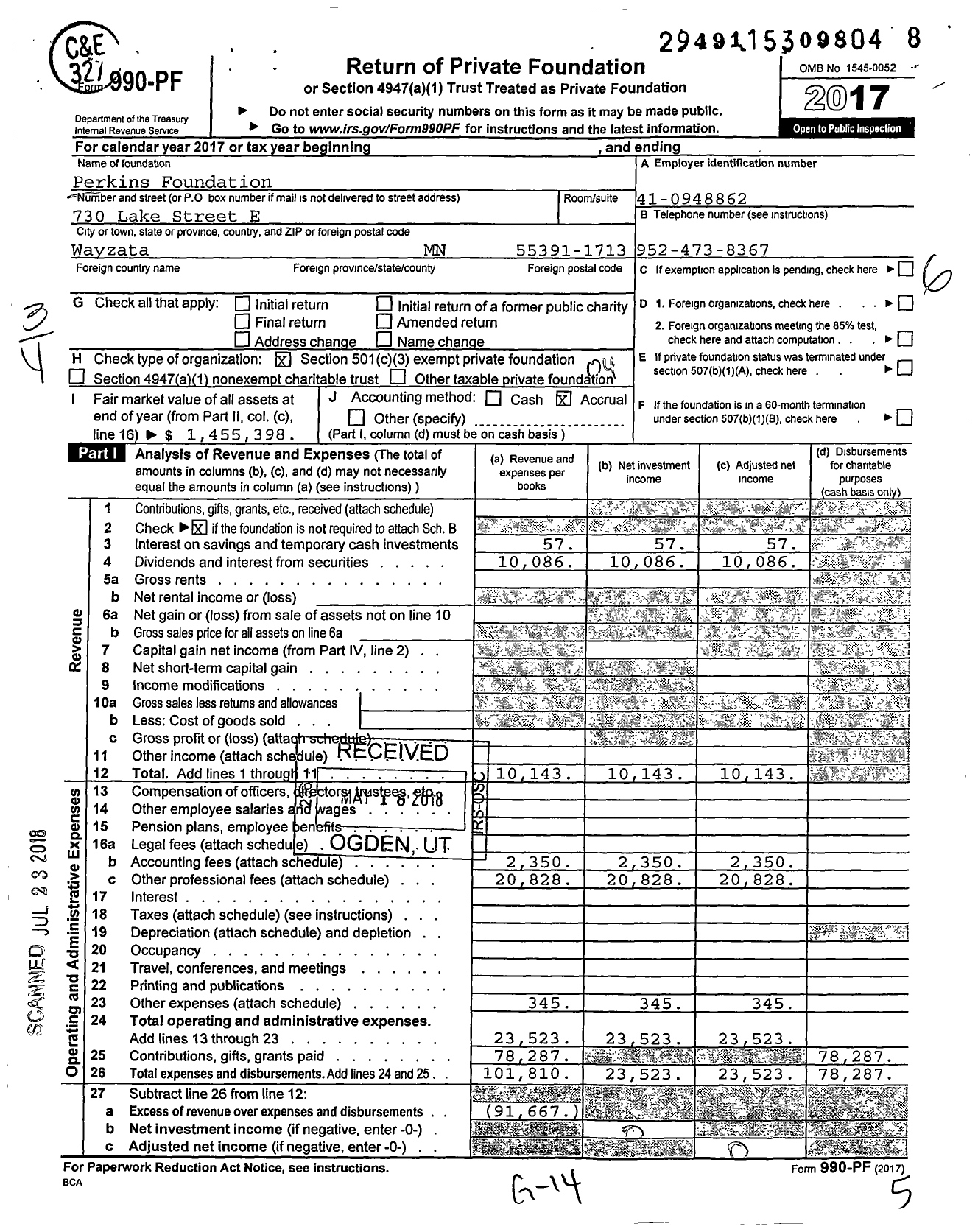 Image of first page of 2017 Form 990PF for Perkins Foundation