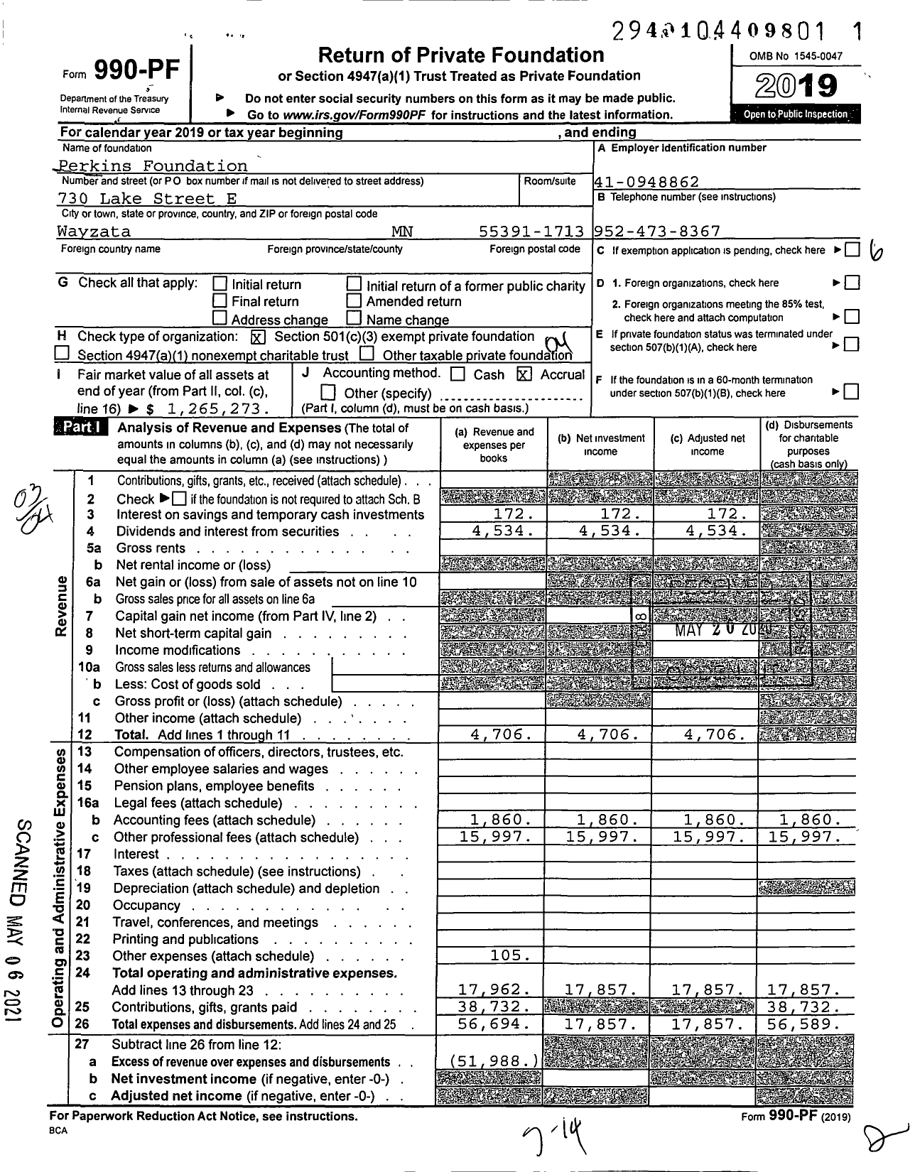 Image of first page of 2019 Form 990PF for Perkins Foundation