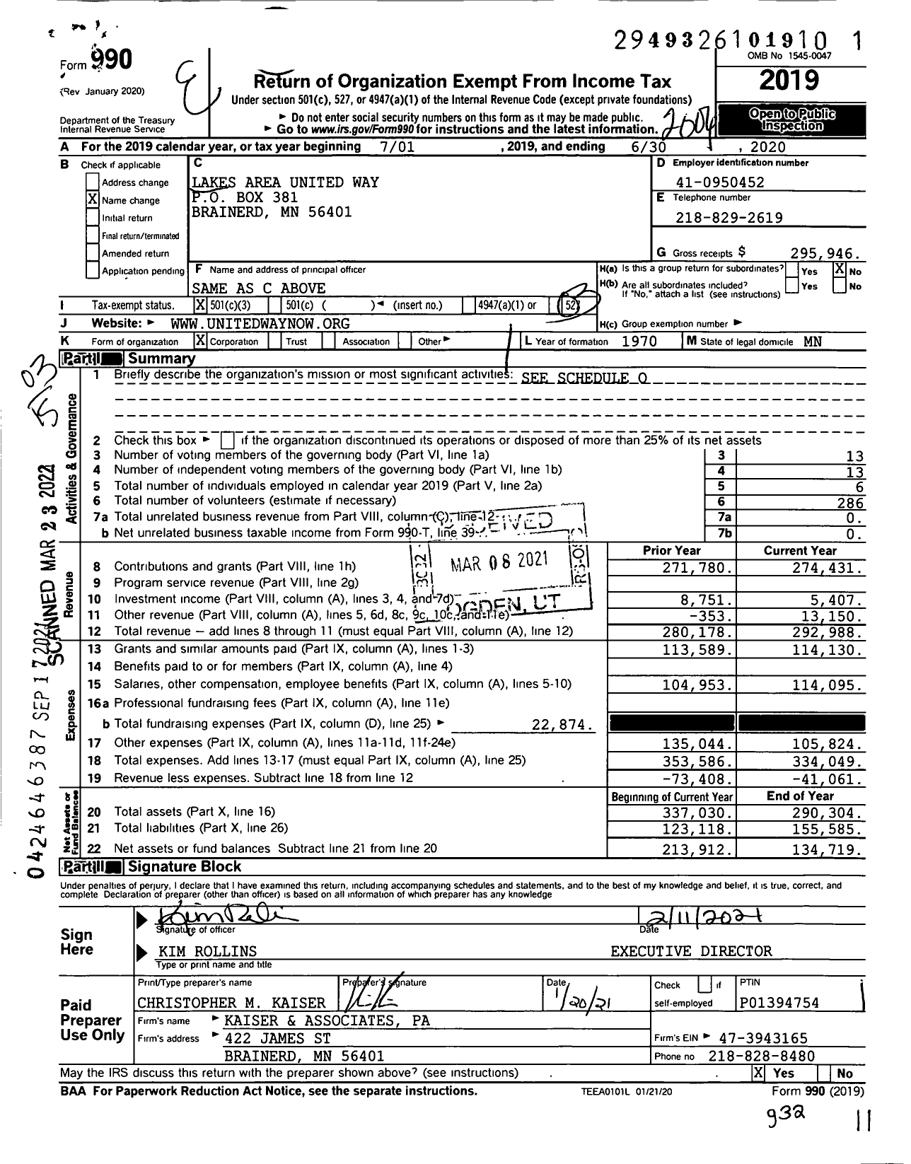 Image of first page of 2019 Form 990 for Lakes Area United Way