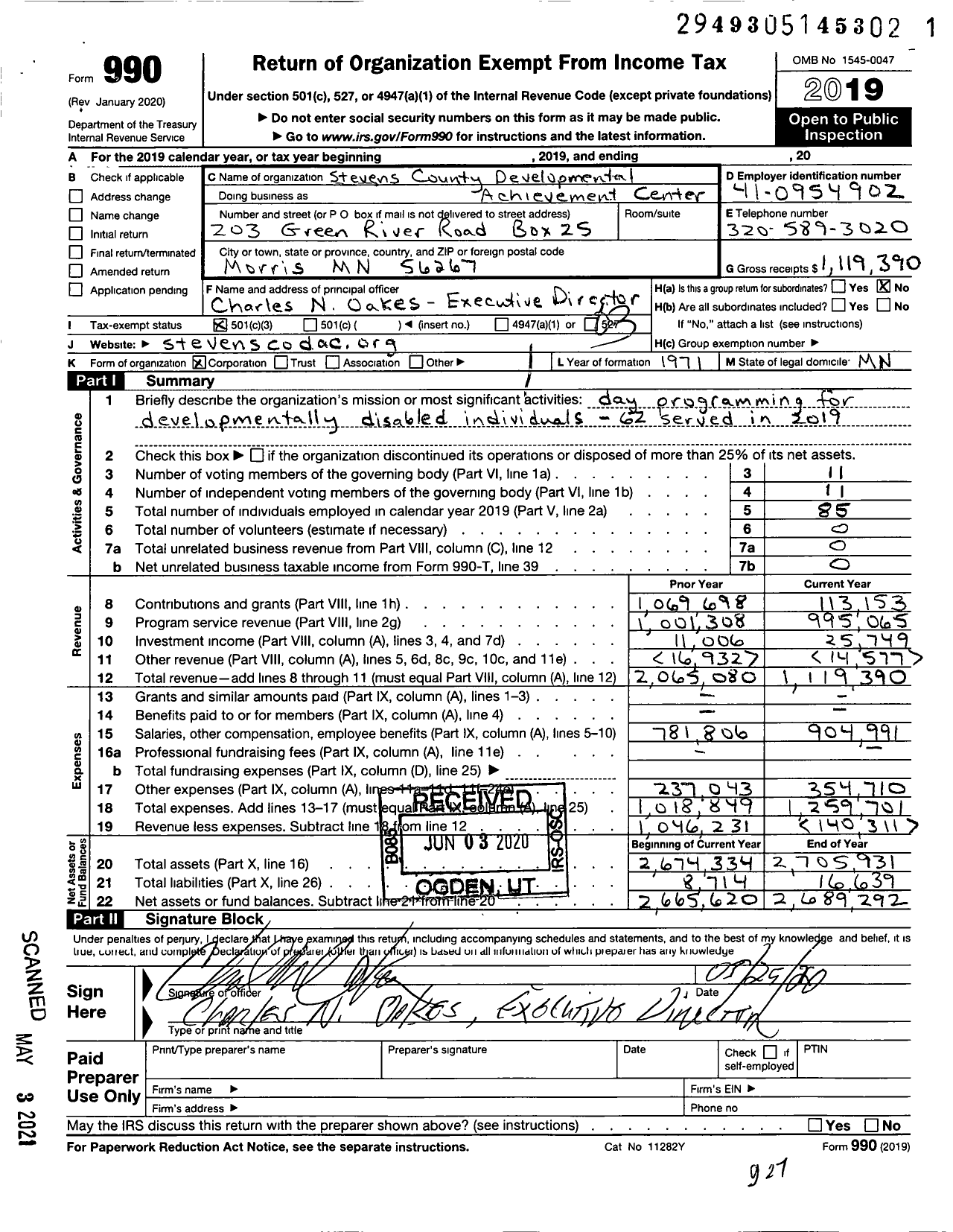 Image of first page of 2019 Form 990 for Stevens County Developmental Achievement Center