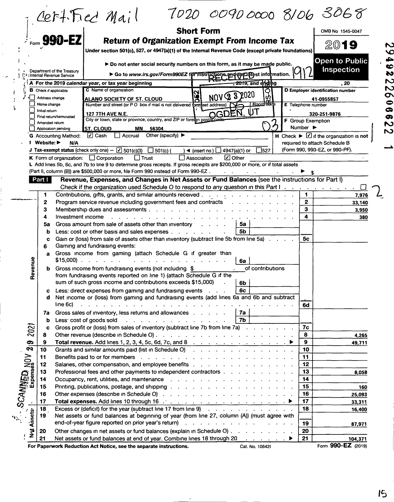 Image of first page of 2019 Form 990EZ for Alano Society of St Cloud