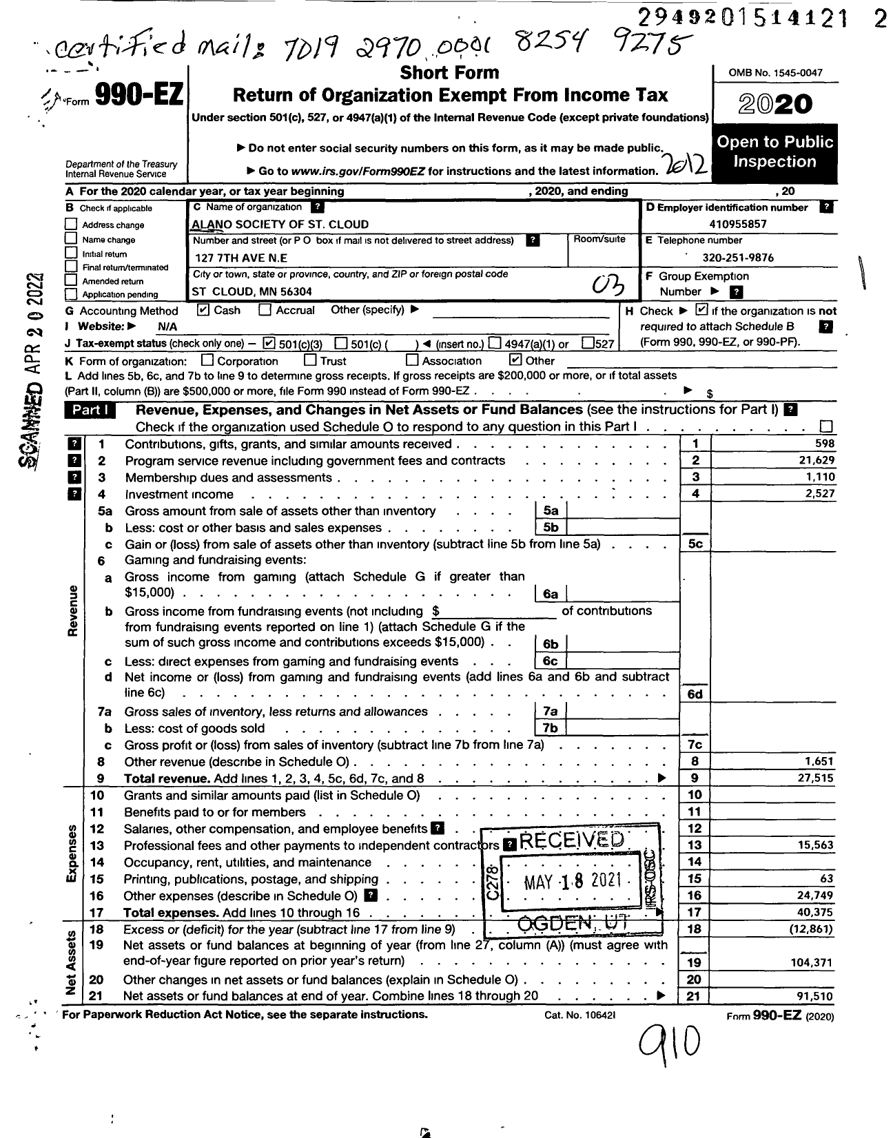 Image of first page of 2020 Form 990EZ for Alano Society of St Cloud