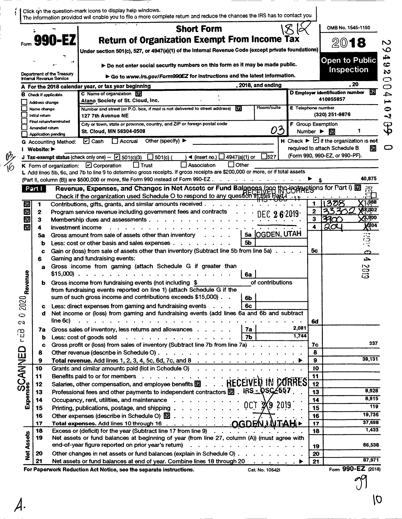 Image of first page of 2018 Form 990EZ for Alano Society of St Cloud