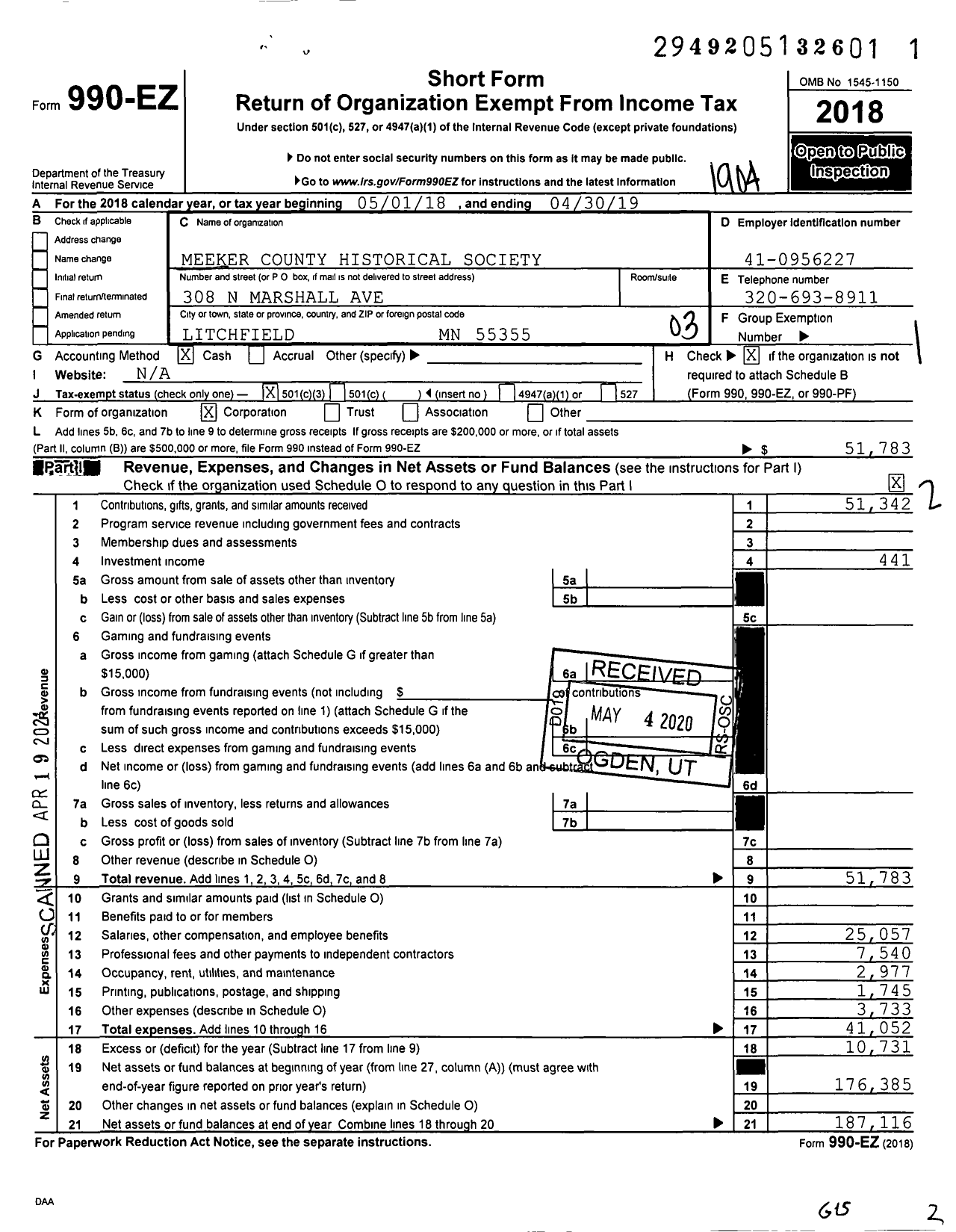 Image of first page of 2018 Form 990EZ for Meeker County Historical Society