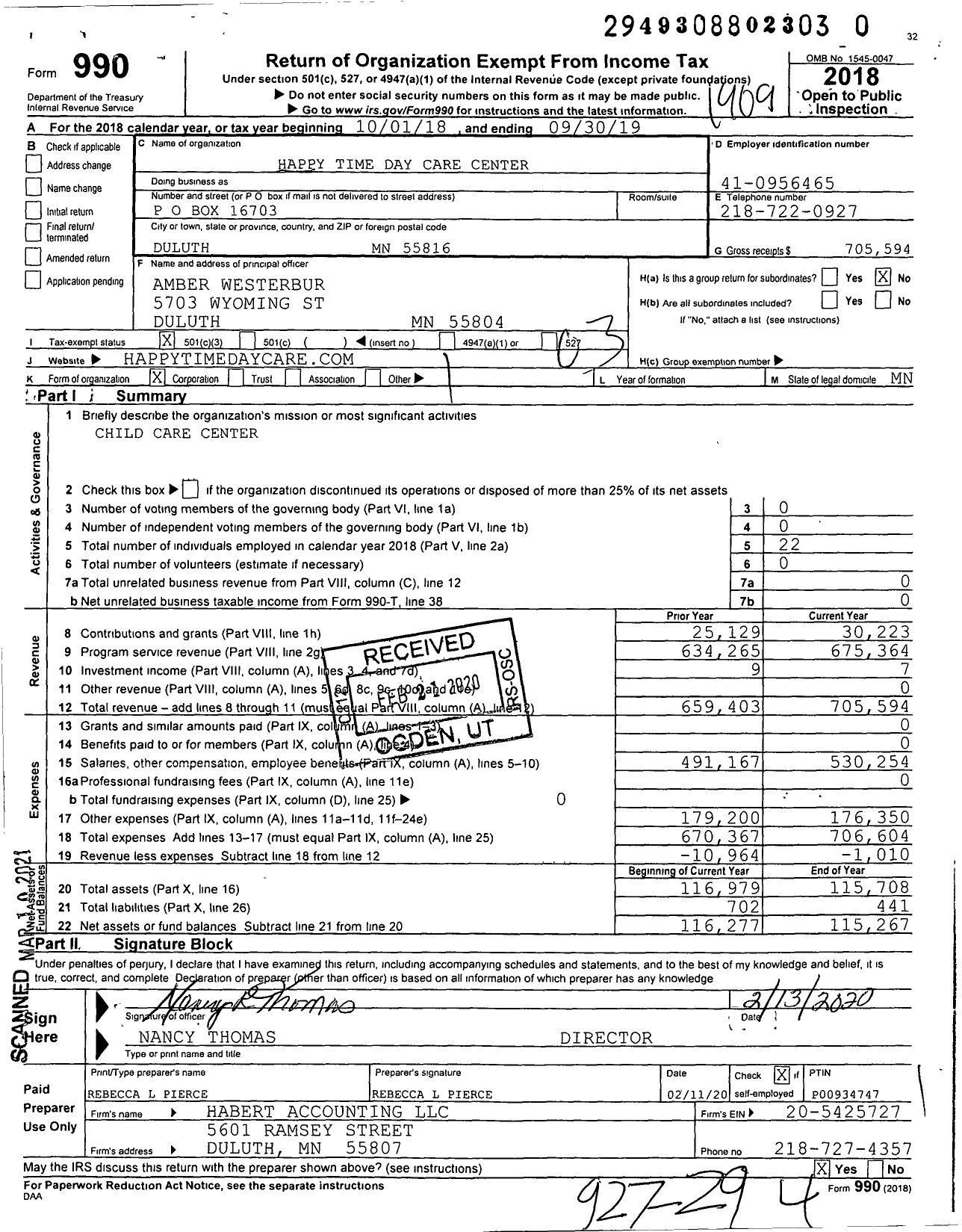 Image of first page of 2018 Form 990 for Happy Time Day Care Center