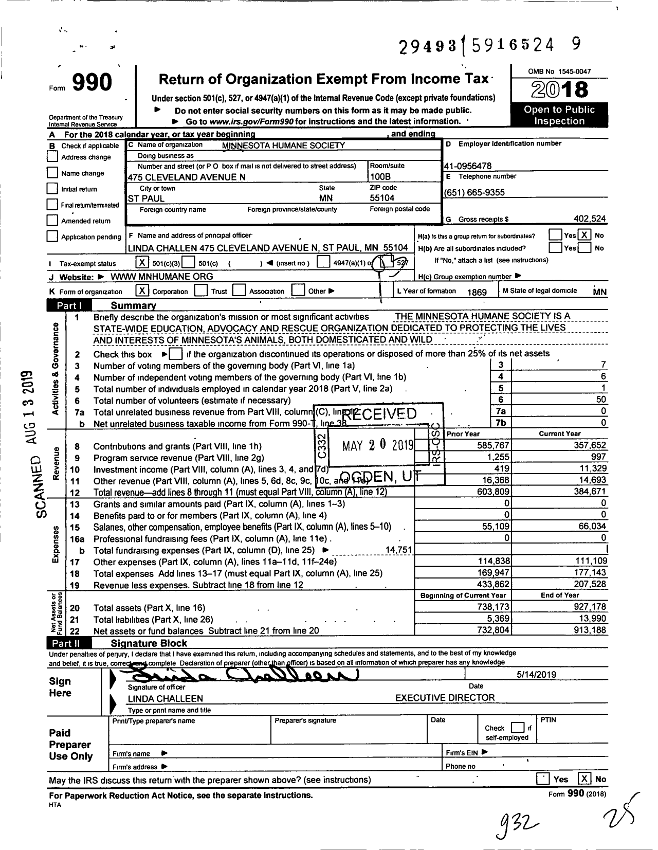 Image of first page of 2018 Form 990 for Minnesota Humane Society