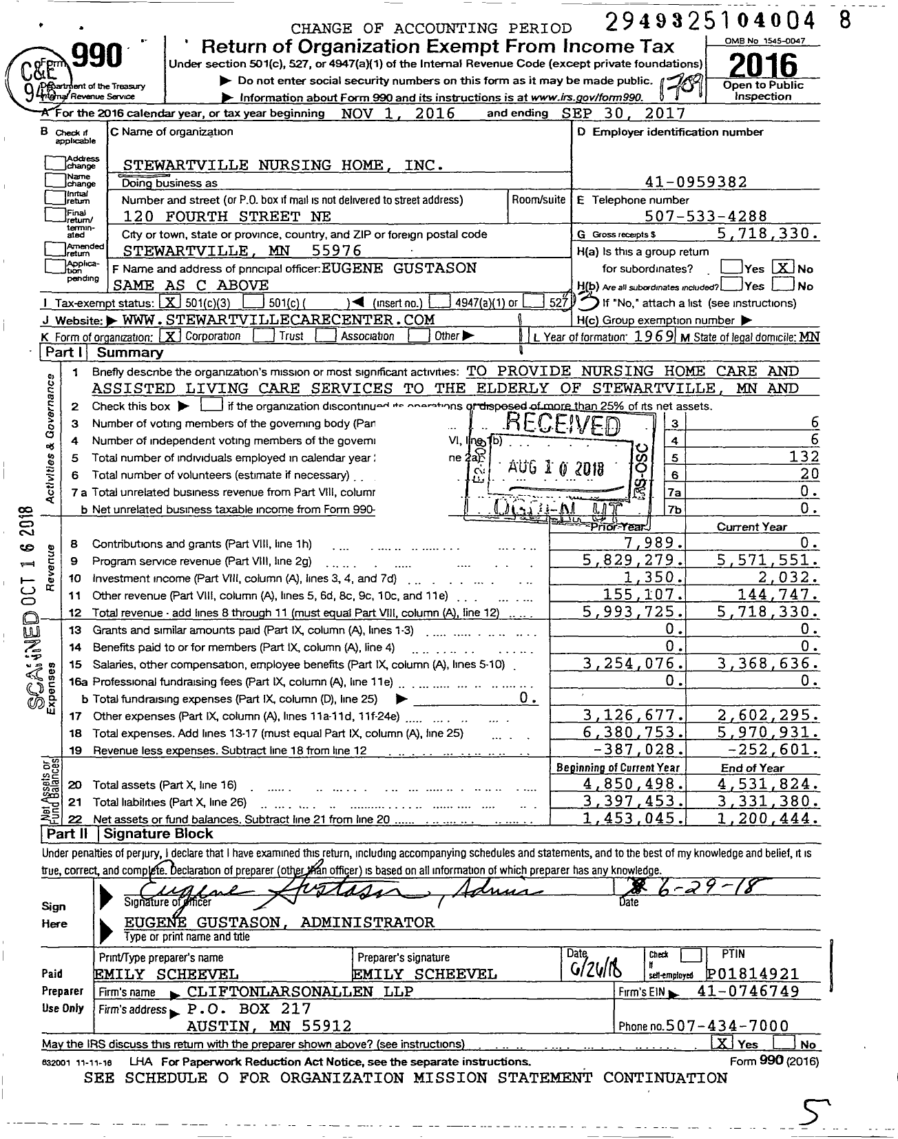 Image of first page of 2016 Form 990 for Stewartville Care Center