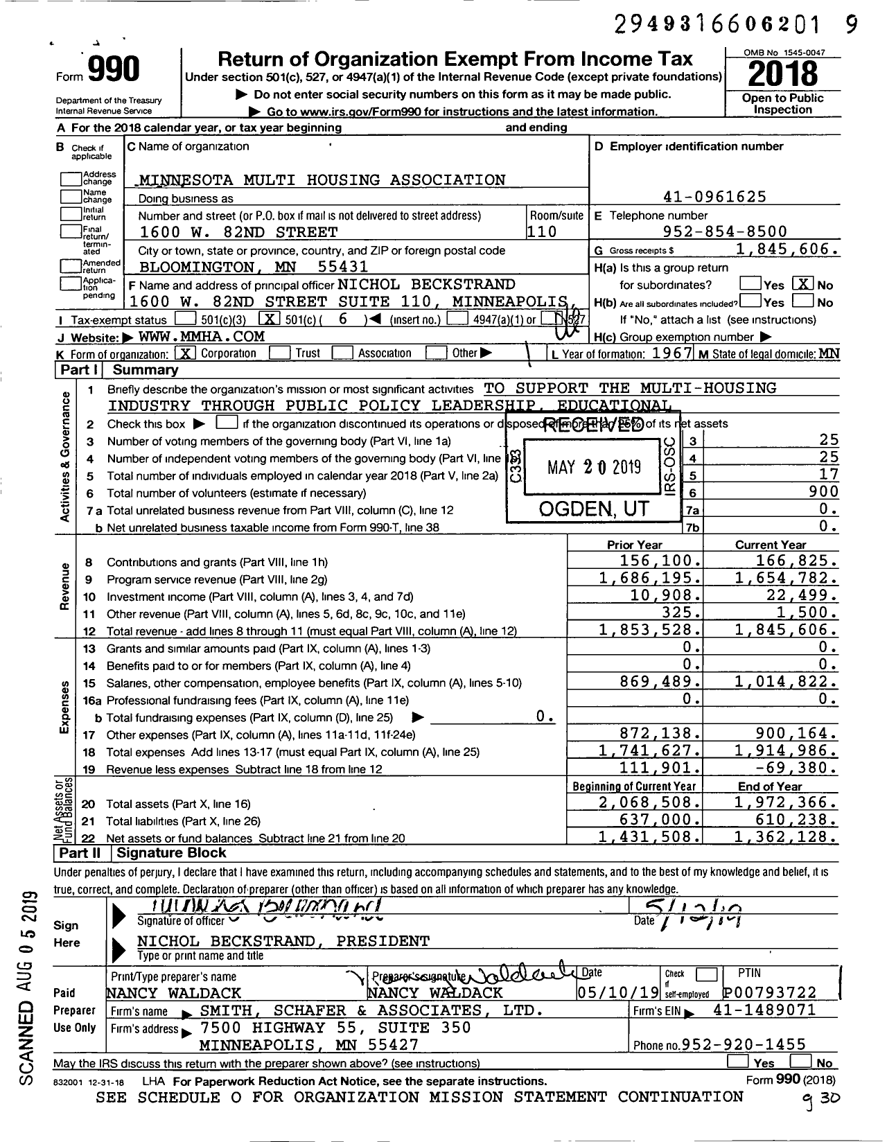 Image of first page of 2018 Form 990O for Minnesota Multi Housing Association (MHA)