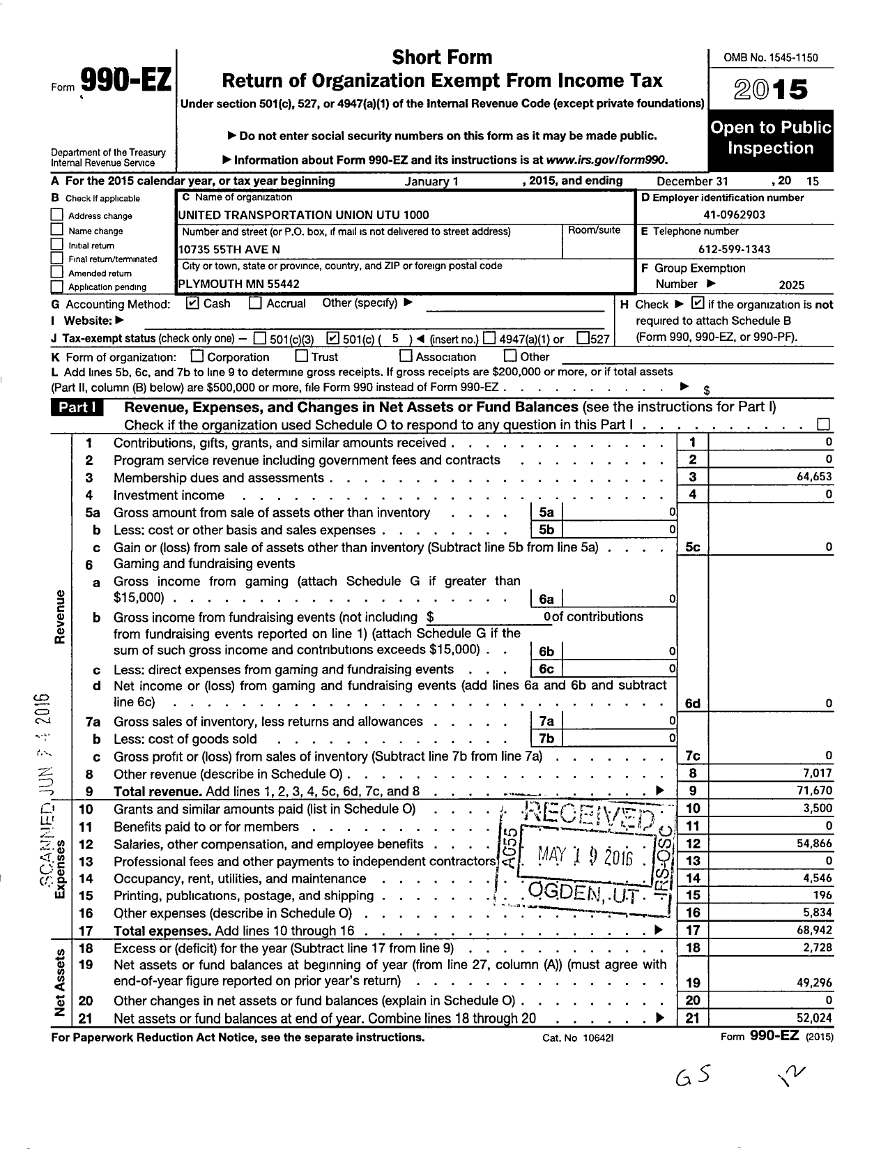 Image of first page of 2015 Form 990EO for Smart Union - 1000 TD