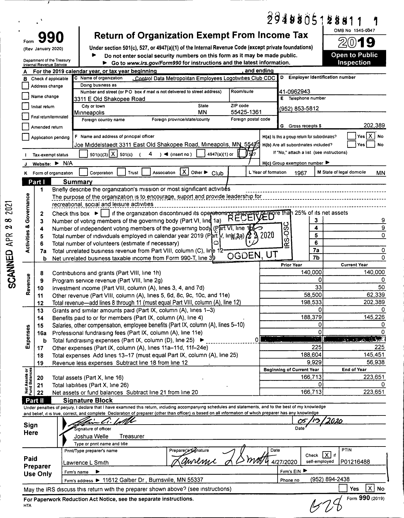 Image of first page of 2019 Form 990O for Control Data Metropolitan Employees Logotivities Club CDC