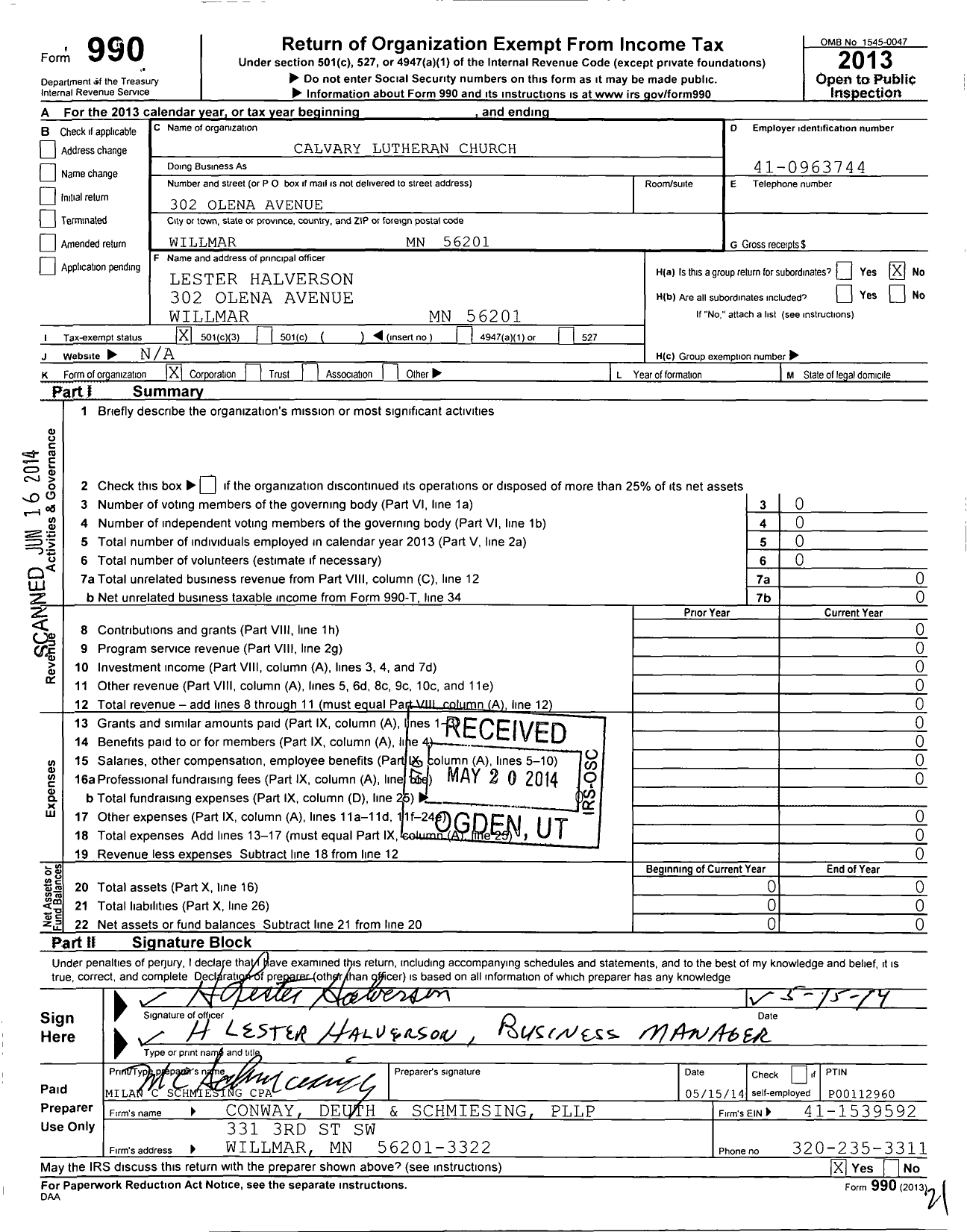 Image of first page of 2013 Form 990 for Calvary Lutheran Church