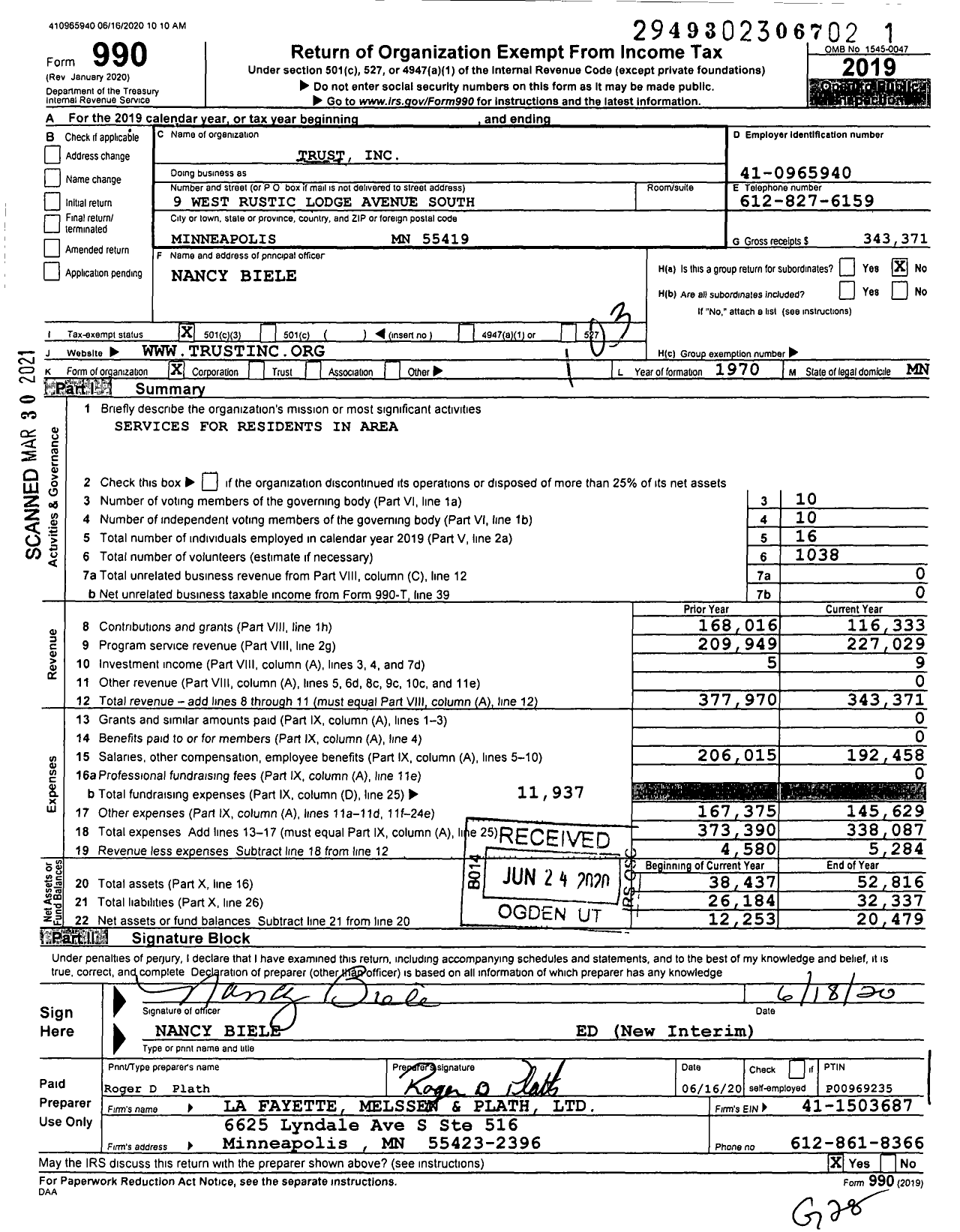 Image of first page of 2019 Form 990 for Trust