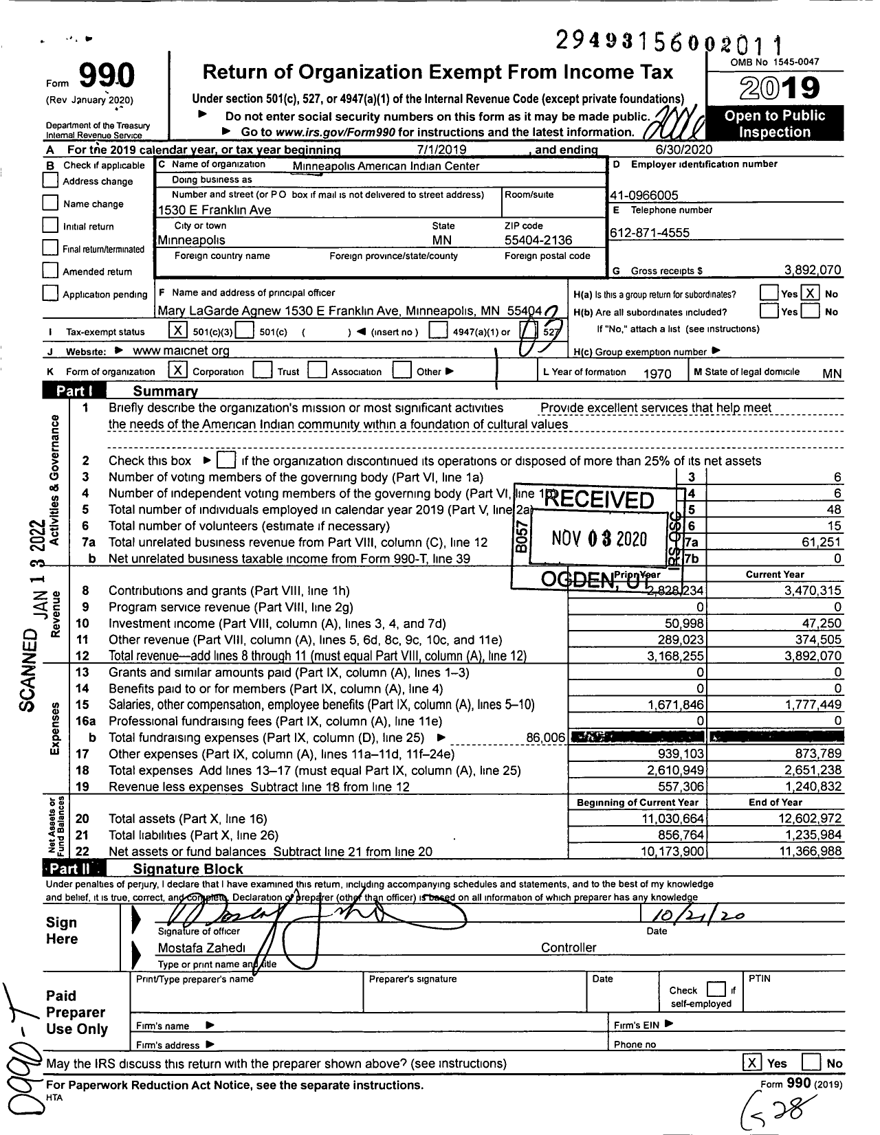 Image of first page of 2019 Form 990 for Minneapolis American Indian Center