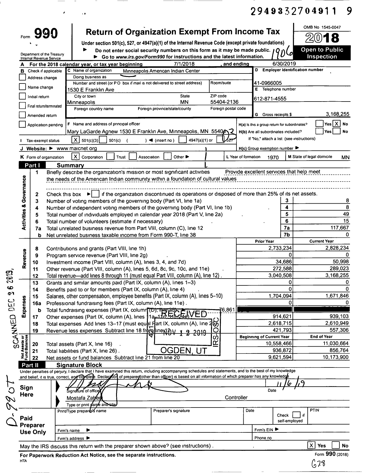 Image of first page of 2018 Form 990 for Minneapolis American Indian Center