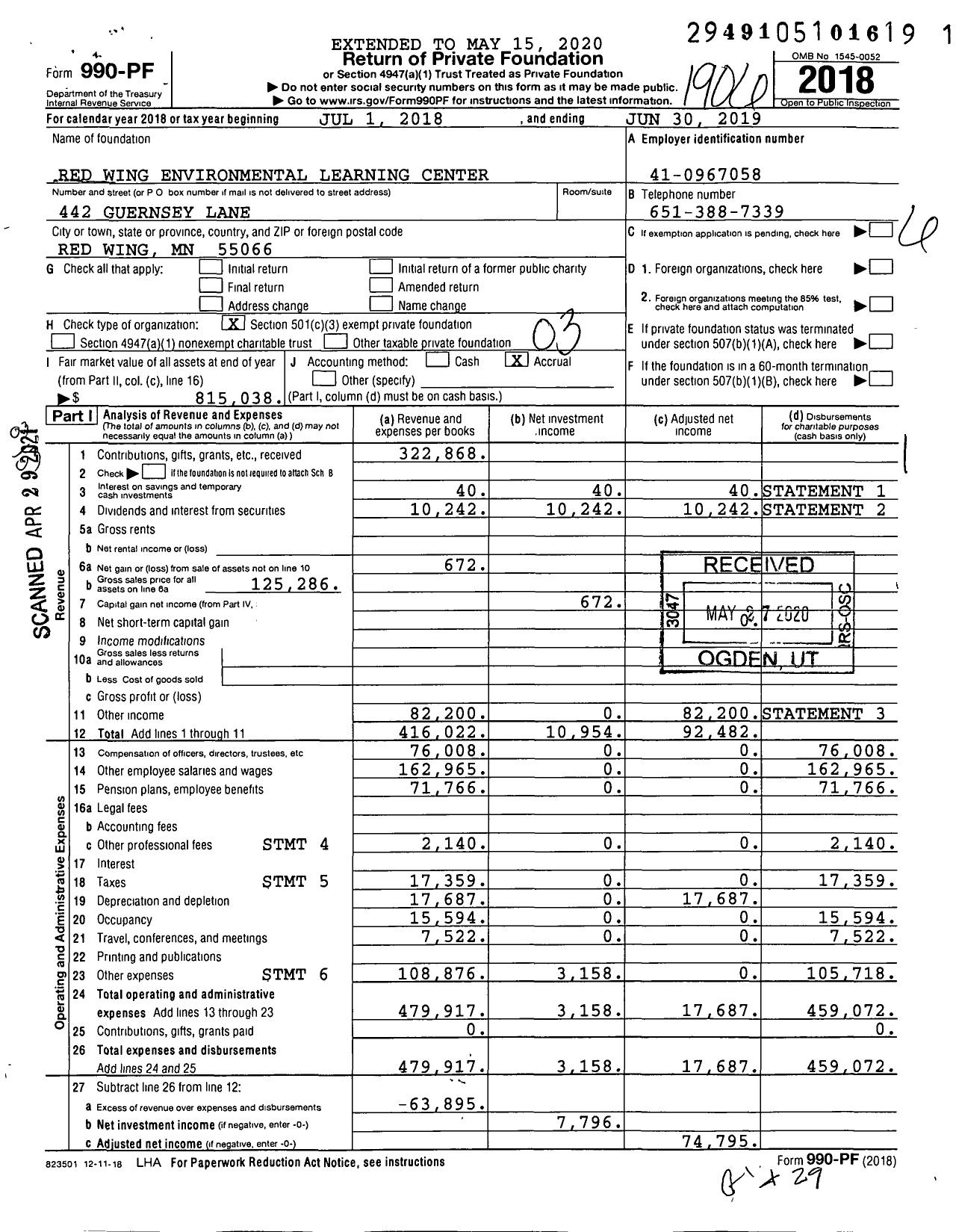 Image of first page of 2018 Form 990PF for Red Wing Environmental Learning Center