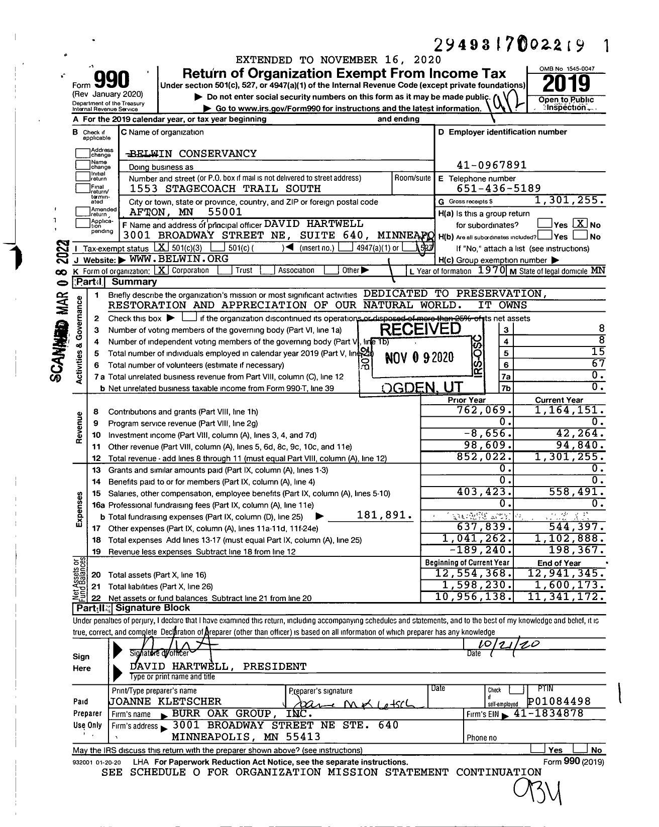 Image of first page of 2019 Form 990 for Belwin Conservancy