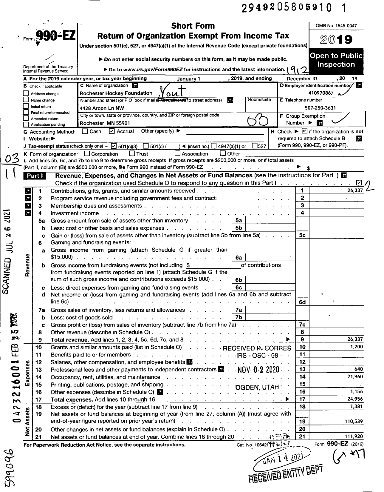 Image of first page of 2019 Form 990EZ for Youth Hockey Foundation