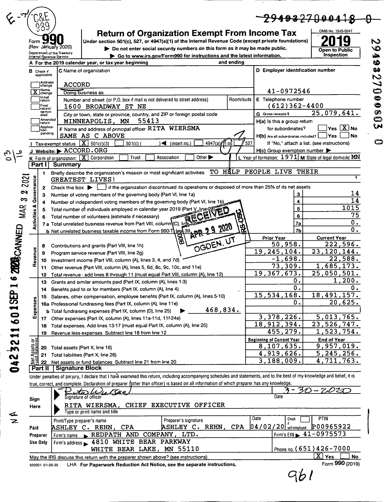 Image of first page of 2019 Form 990 for Accord (CIP)