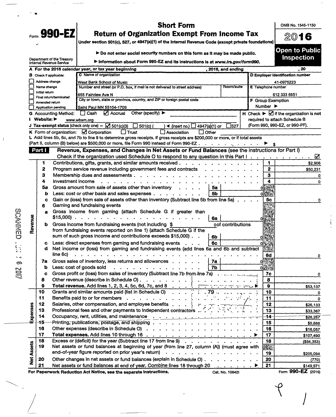 Image of first page of 2016 Form 990EZ for West Bank School of Music