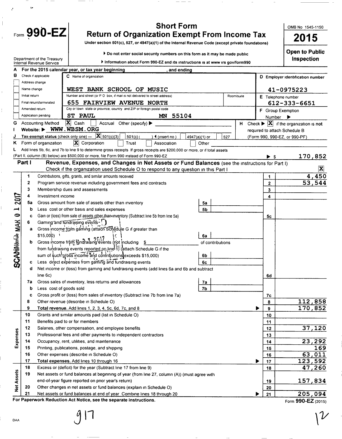 Image of first page of 2015 Form 990EZ for West Bank School of Music