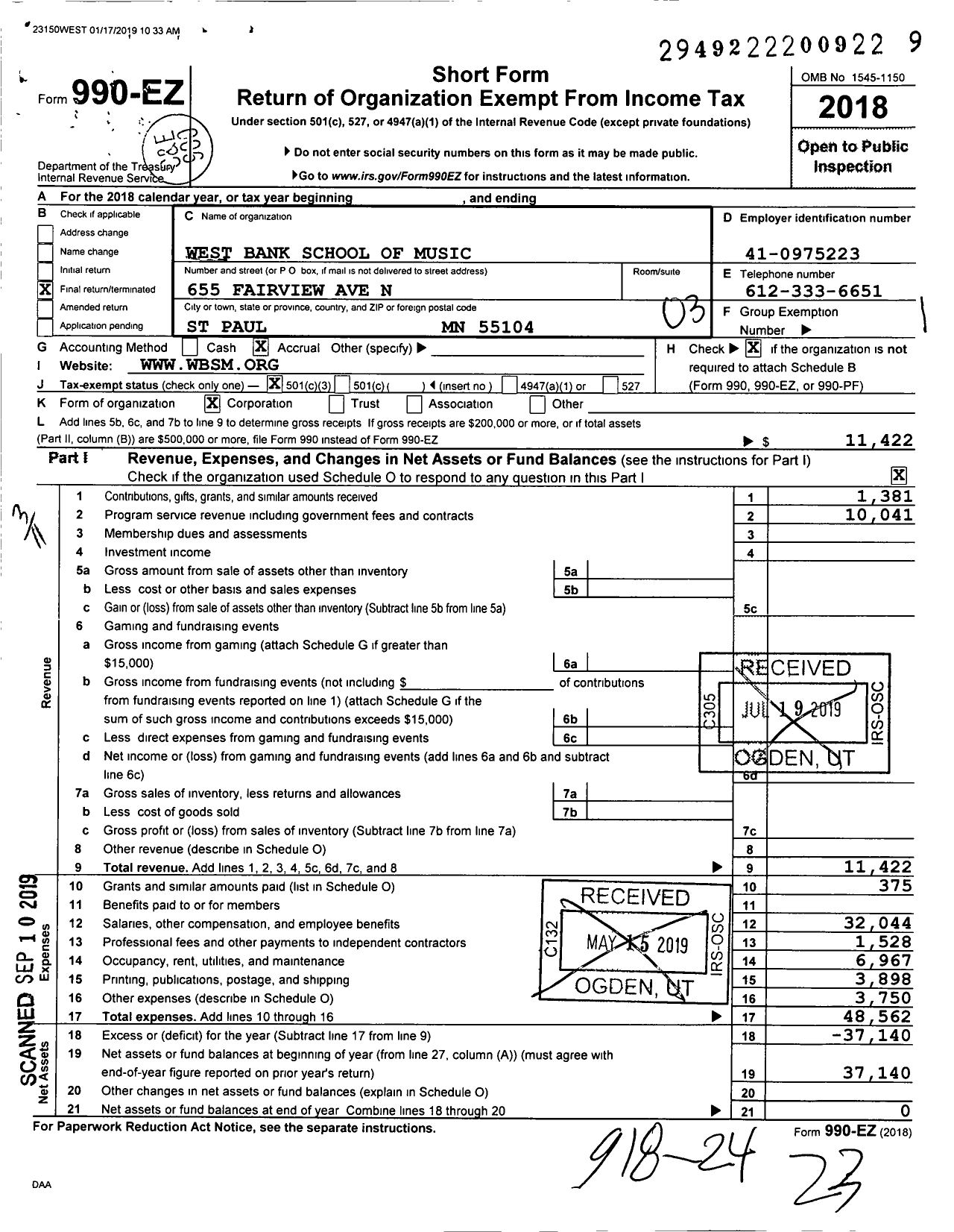 Image of first page of 2018 Form 990EZ for West Bank School of Music