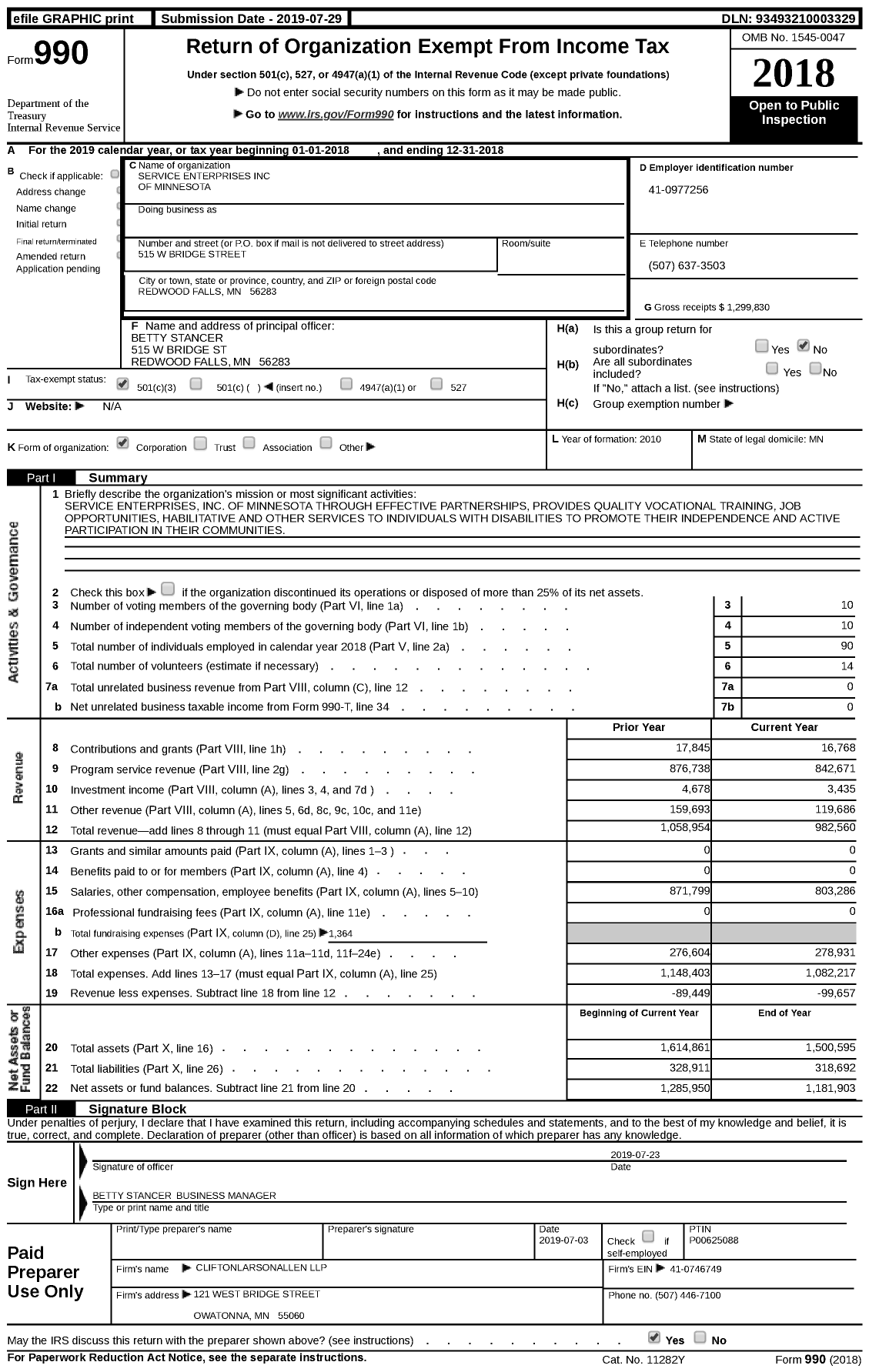 Image of first page of 2018 Form 990 for Service Enterprises of Minnesota