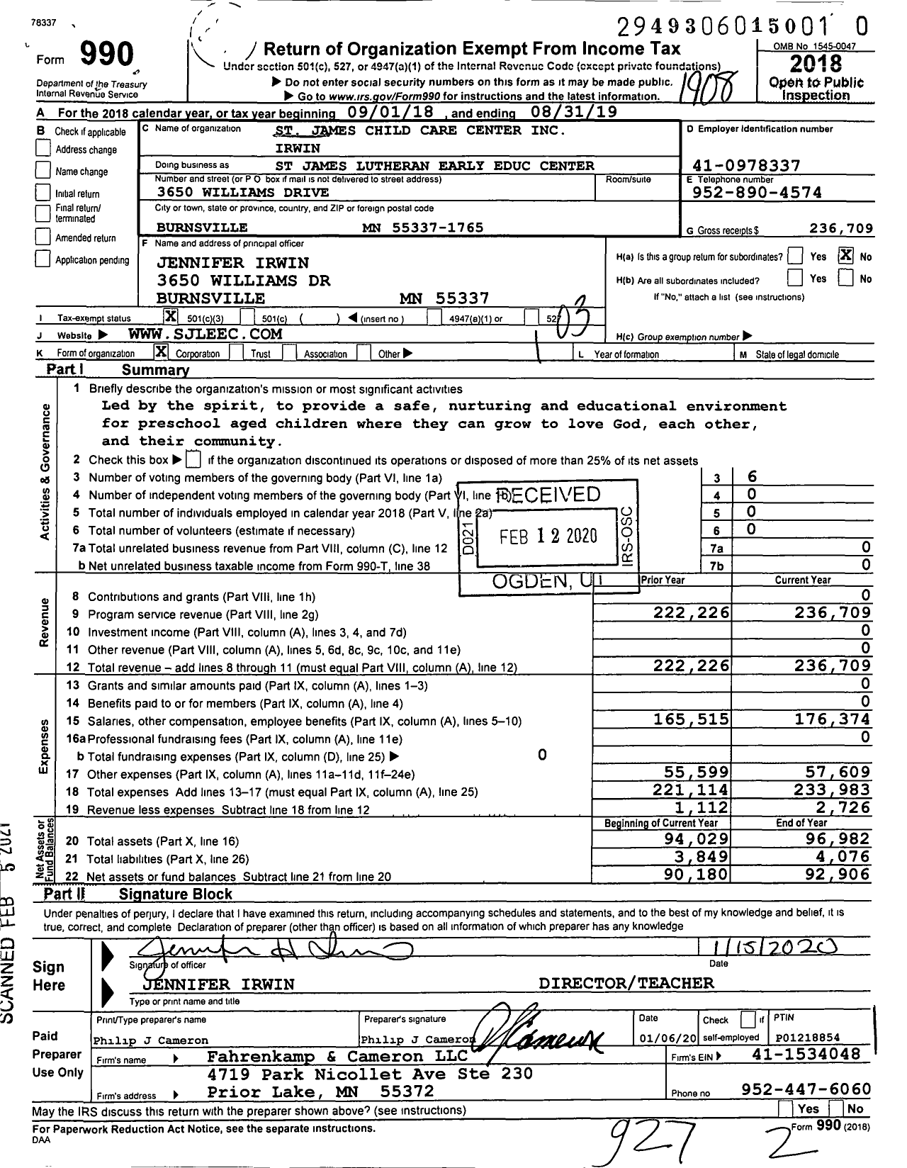 Image of first page of 2018 Form 990 for St James Lutheran Early Educ Center