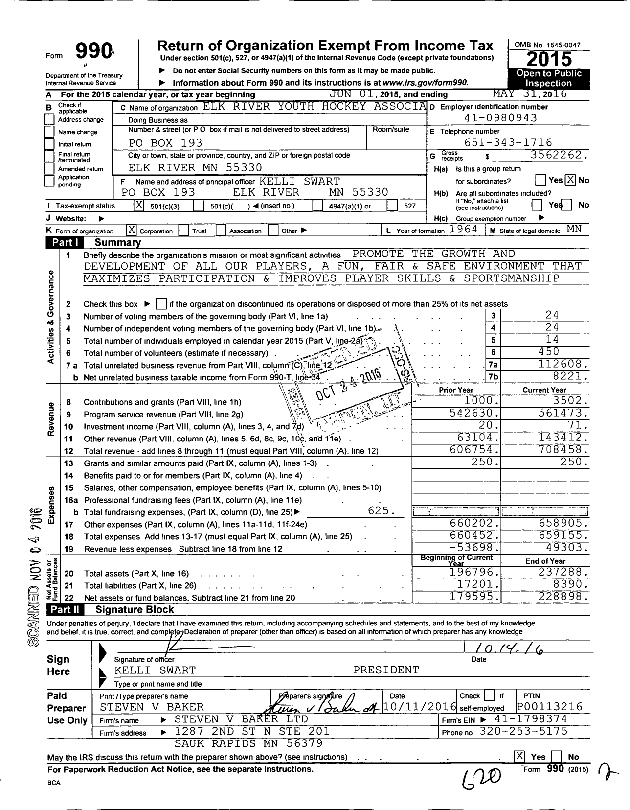 Image of first page of 2015 Form 990 for Elk River Youth Hockey Association