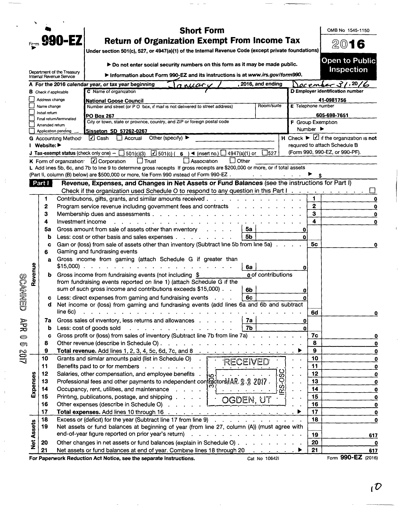 Image of first page of 2016 Form 990EO for National Goose Council