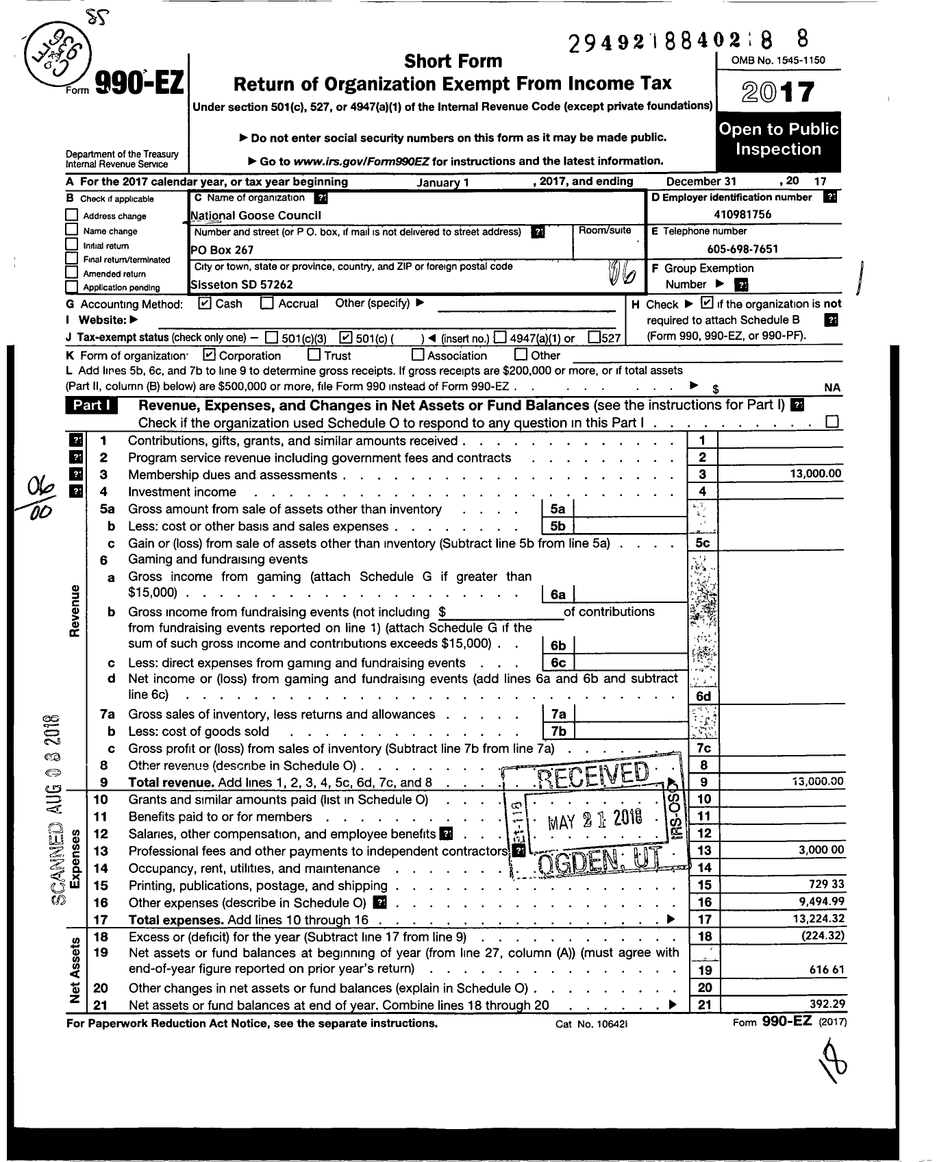 Image of first page of 2017 Form 990EO for National Goose Council