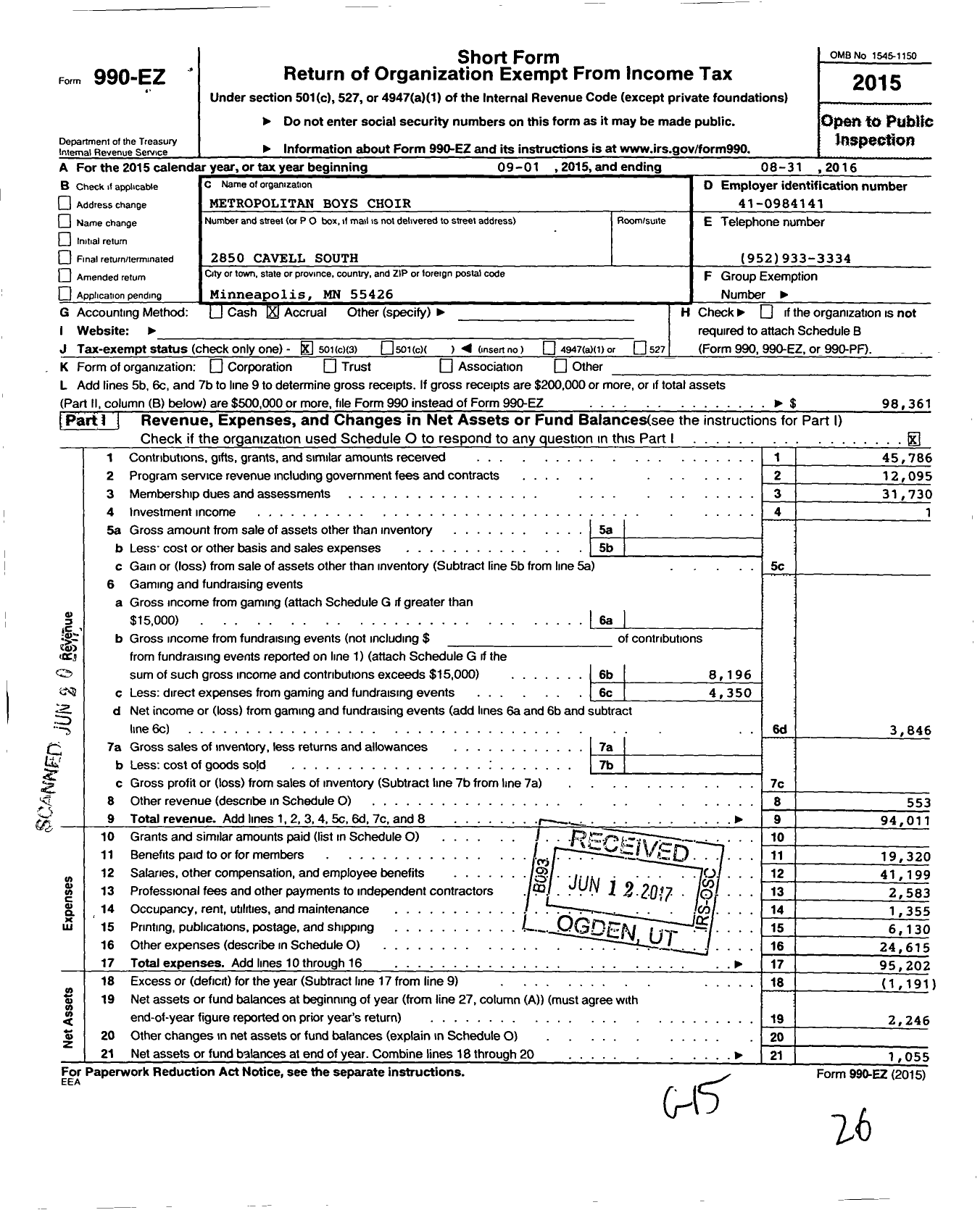 Image of first page of 2015 Form 990EZ for Metropolitan Boys Choir