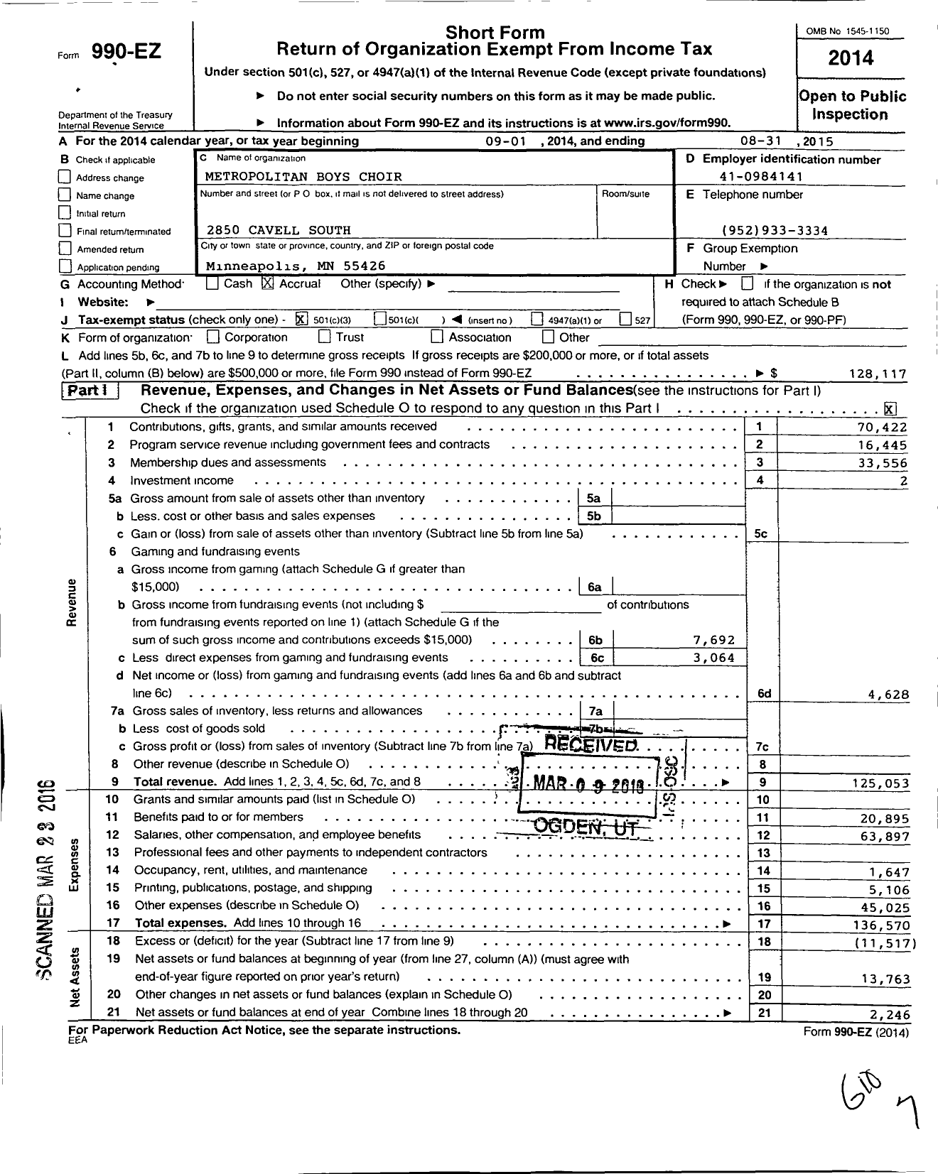 Image of first page of 2014 Form 990EZ for Metropolitan Boys Choir