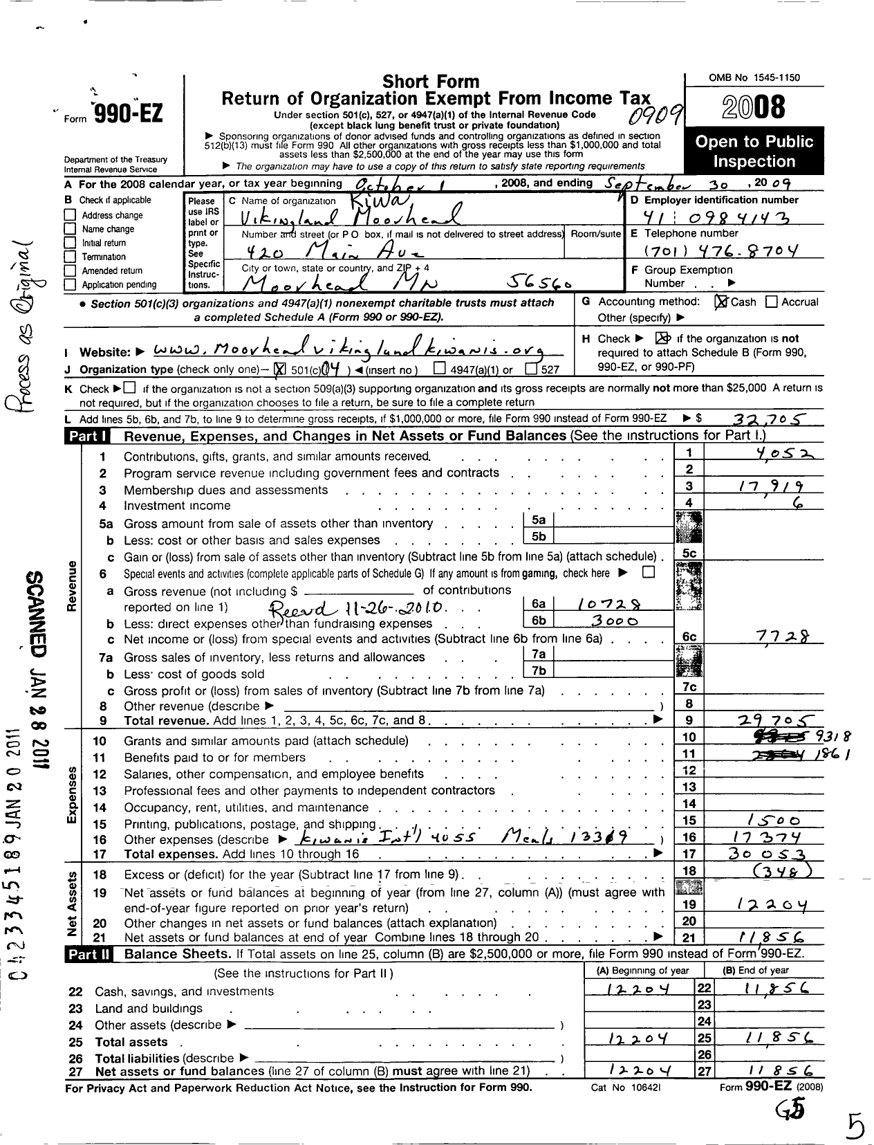 Image of first page of 2008 Form 990EO for Kiwanis International - K06990 Vikingland Moorhead