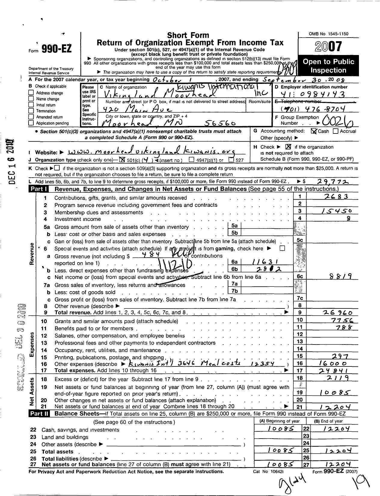 Image of first page of 2007 Form 990EO for Kiwanis International - K06990 Vikingland Moorhead