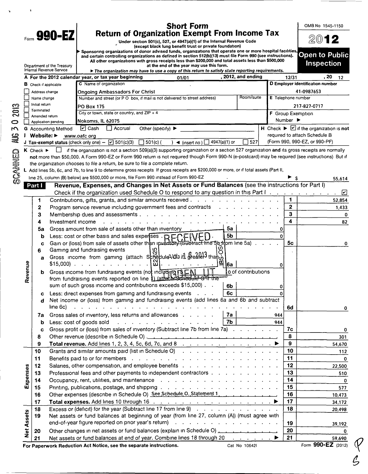 Image of first page of 2012 Form 990EZ for Ongoing Ambassadors For Christ