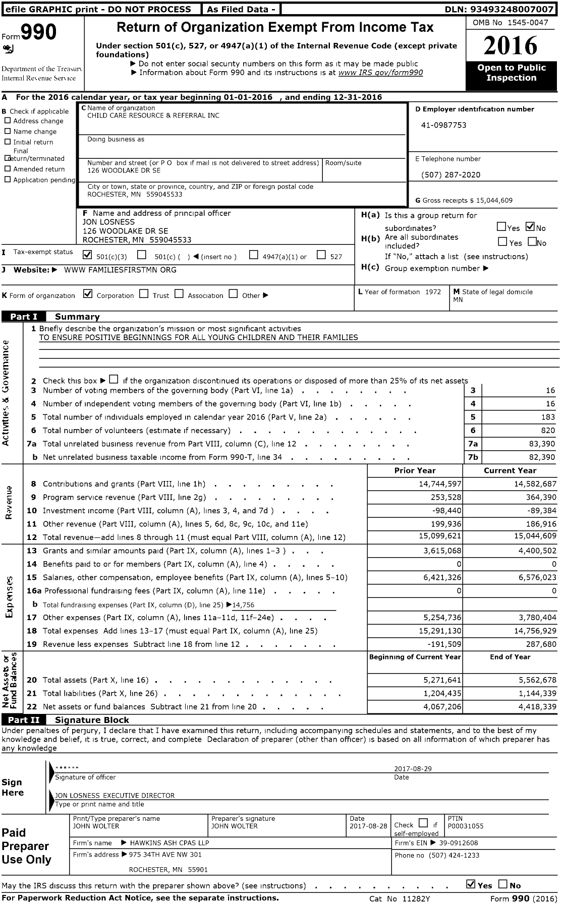 Image of first page of 2016 Form 990 for Families First of Minnesota