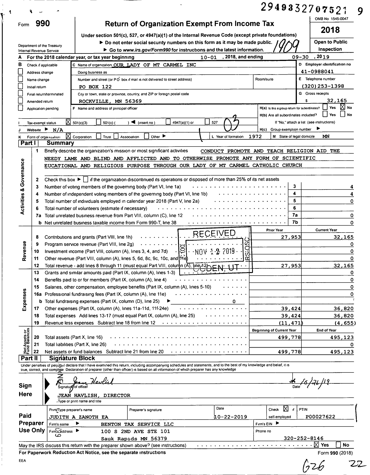 Image of first page of 2018 Form 990 for Our Lady of Mount Carmel